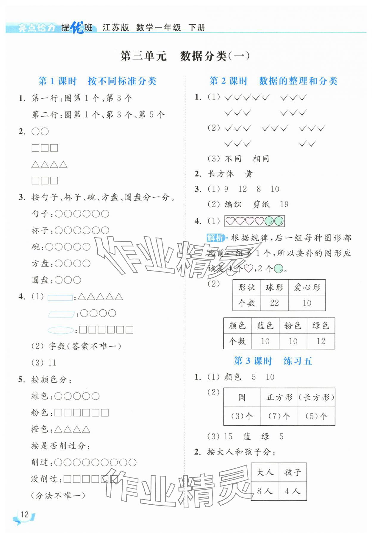2025年亮點給力提優班一年級數學下冊蘇教版 參考答案第12頁