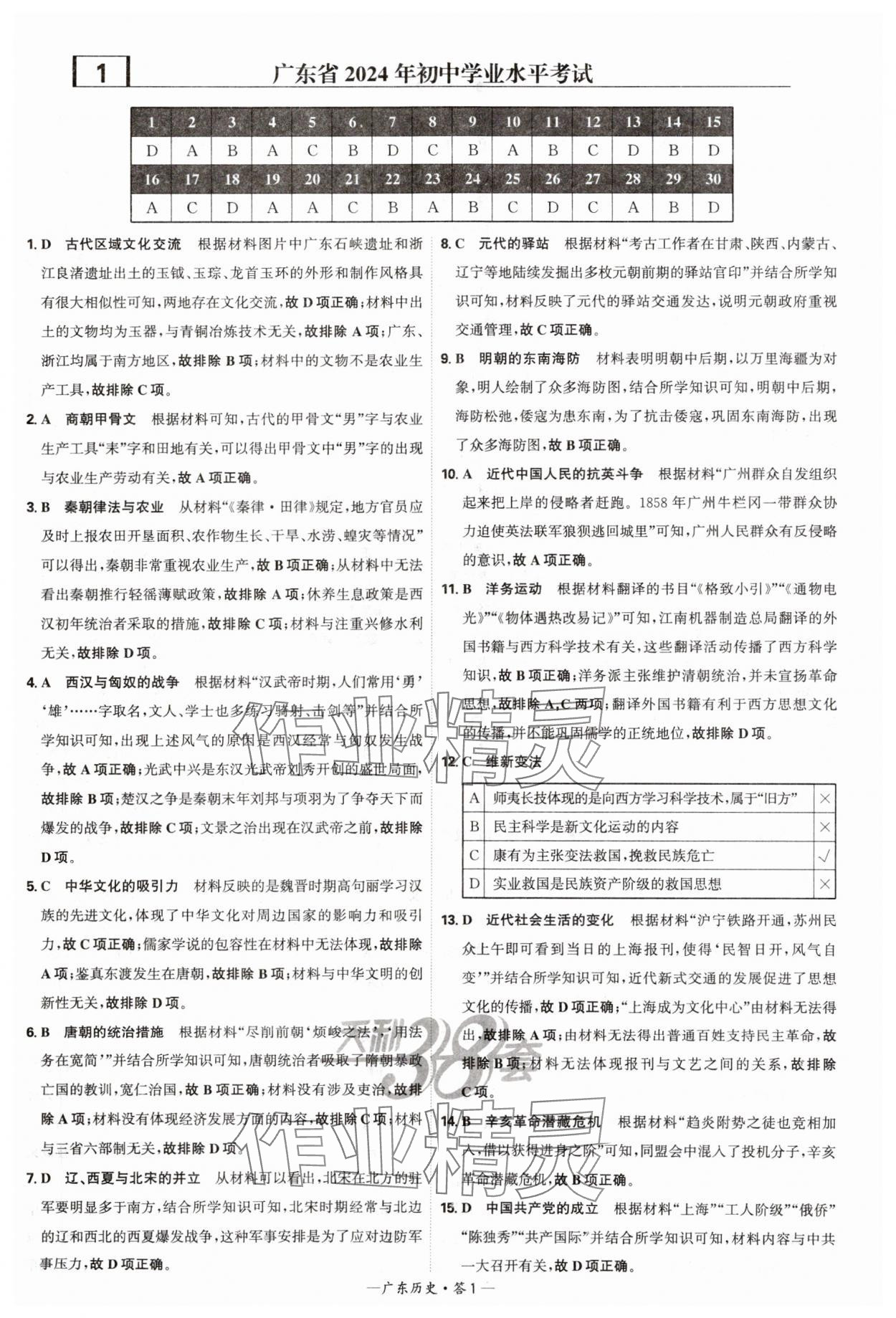 2025年天利38套廣東省中考試題精選歷史 參考答案第1頁(yè)