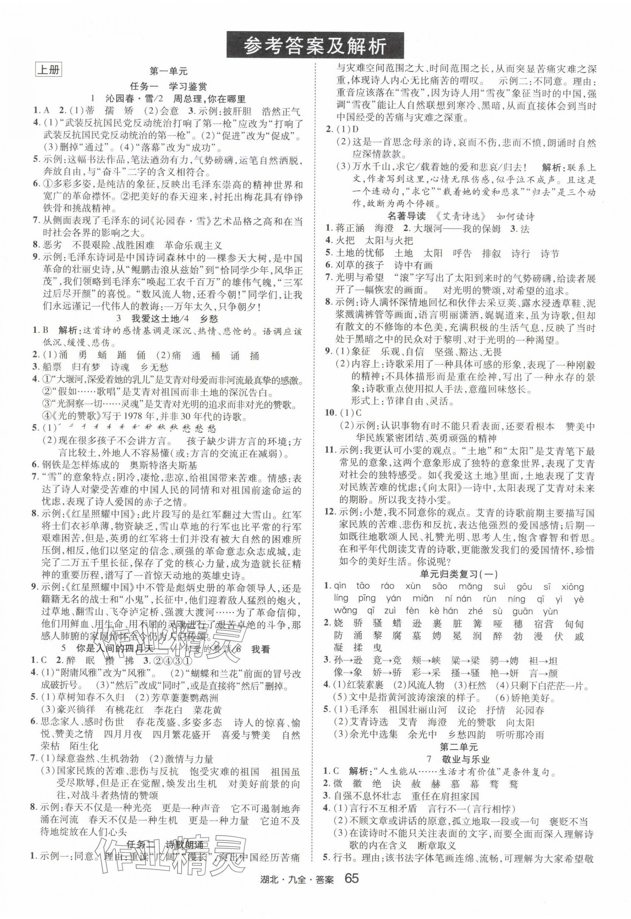 2024年奇跡課堂九年級語文全一冊人教版湖北專版 參考答案第1頁