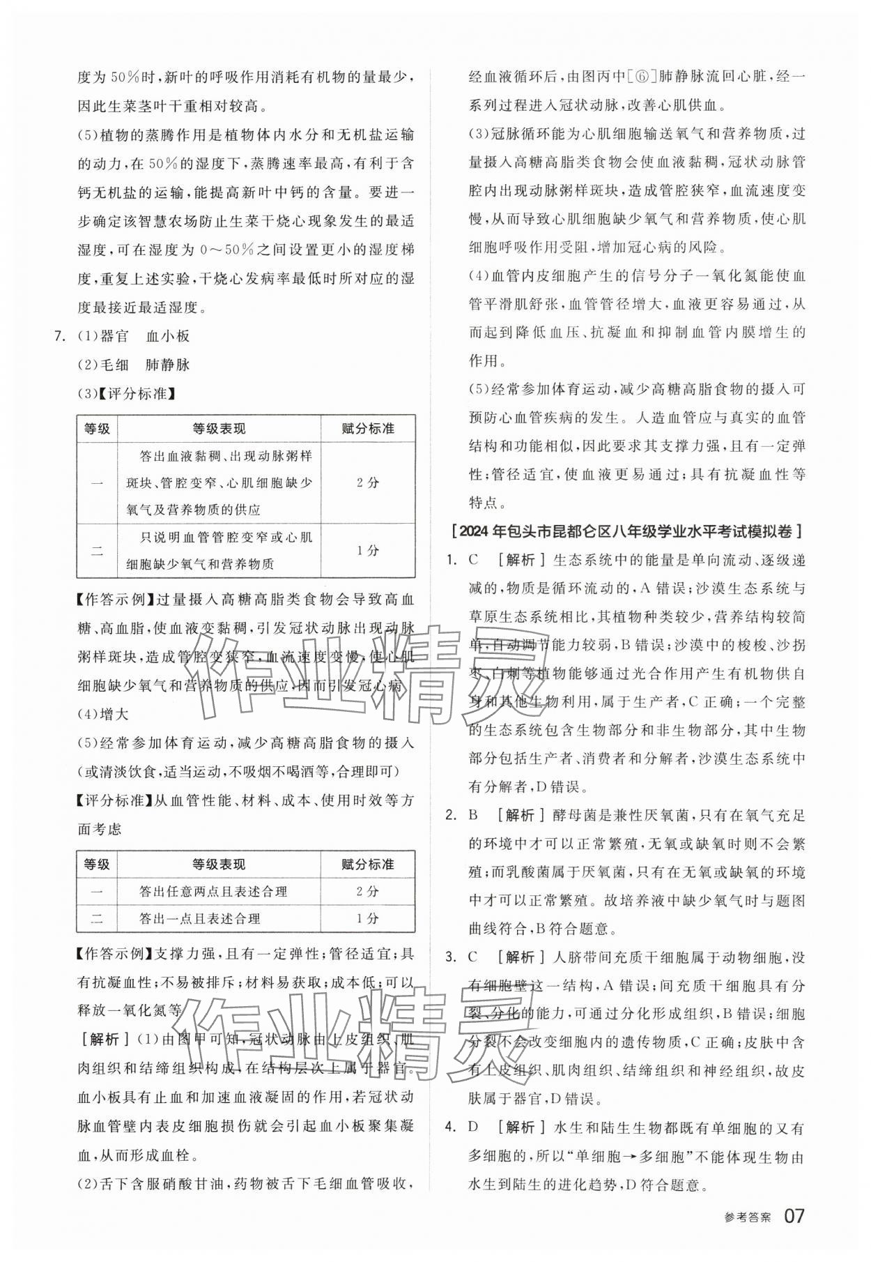 2025年全品中考优选重组卷生物内蒙古专版&nbsp;参考答案第7页