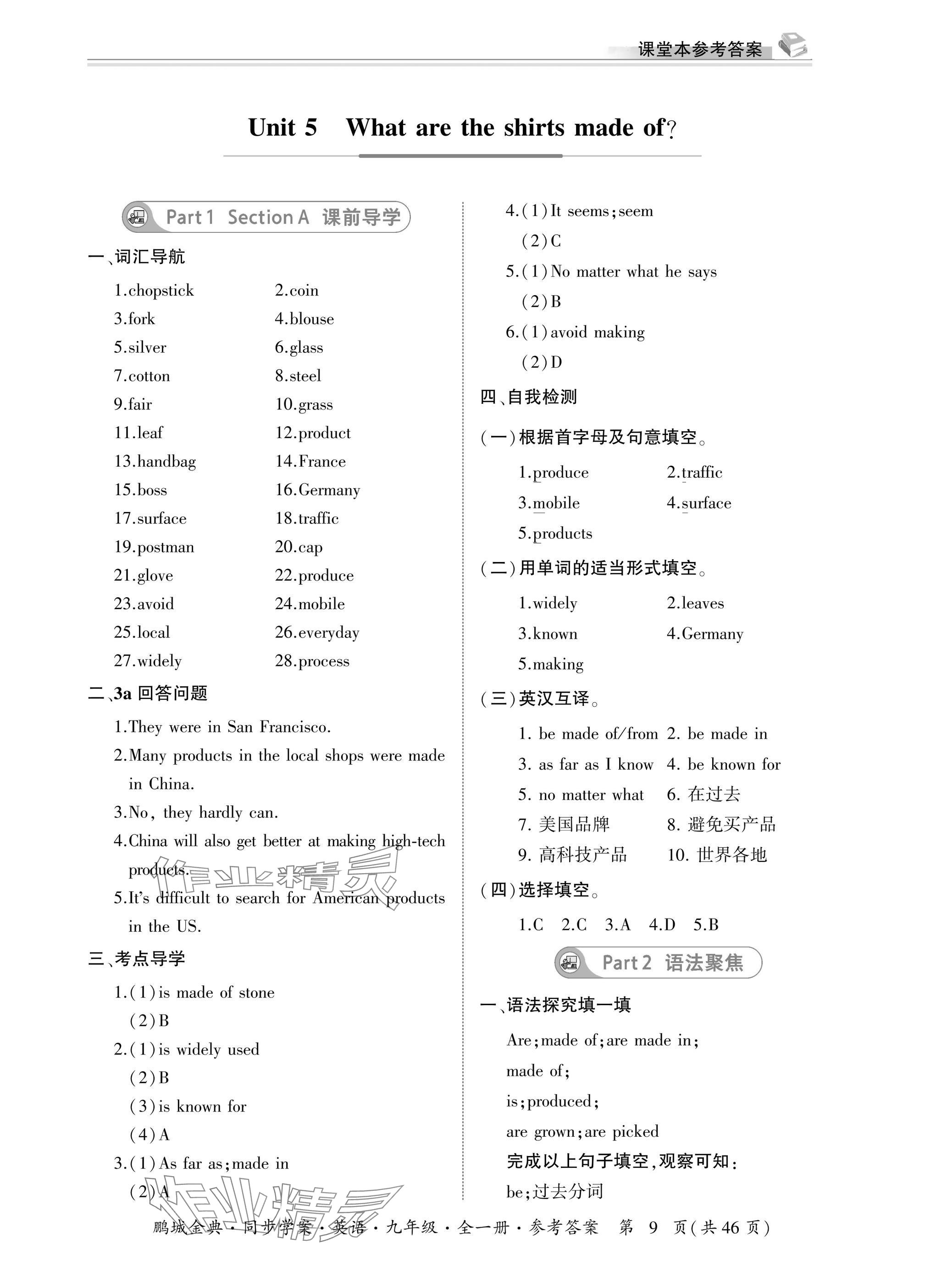 2025年名师帮同步学案九年级英语全一册人教版&nbsp;参考答案第9页