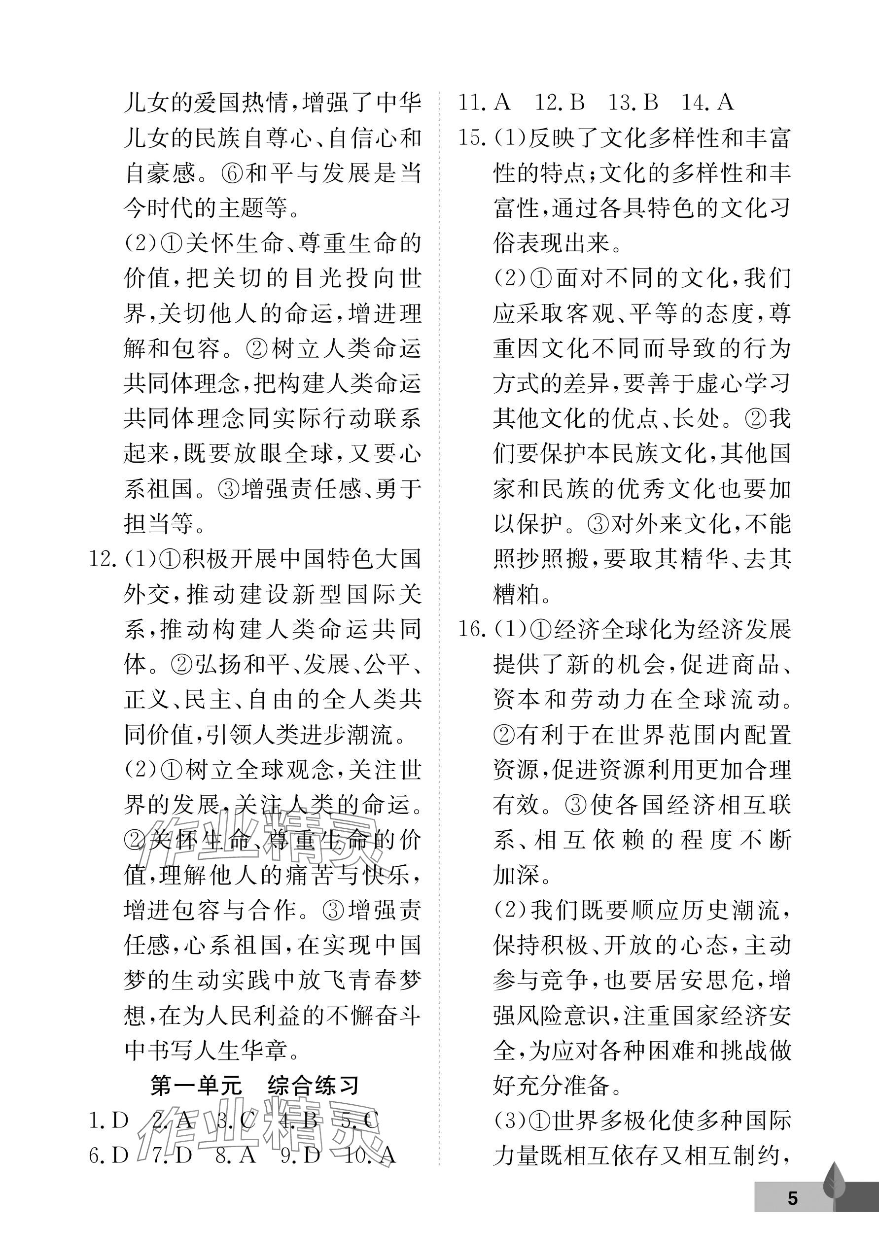 2025年黃岡作業本武漢大學出版社九年級道德與法治下冊人教版 參考答案第5頁