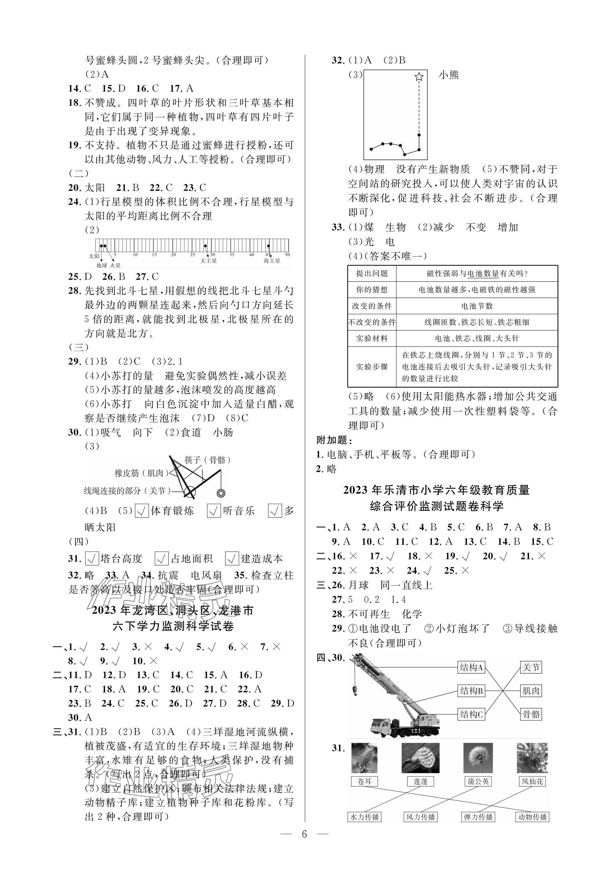 2025年小學畢業特訓卷科學溫州專版 參考答案第6頁