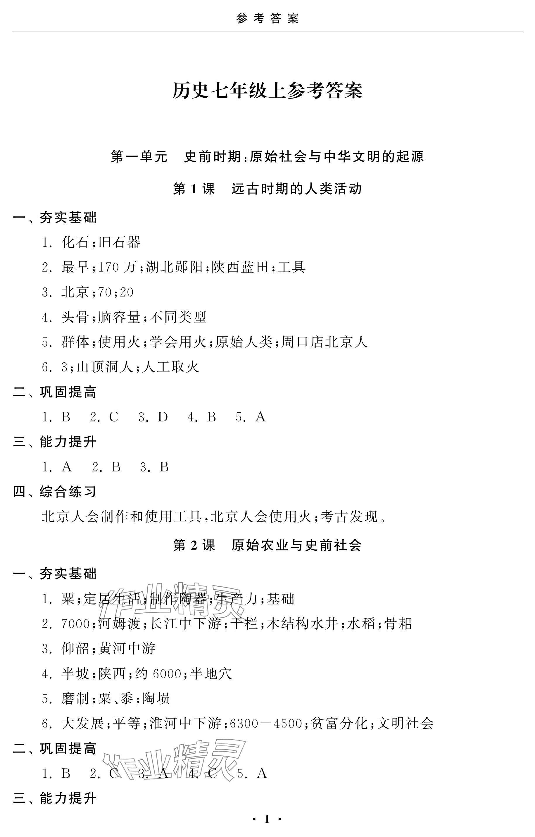 2024年初中學(xué)練案七年級(jí)歷史上冊(cè)人教版 參考答案第1頁(yè)