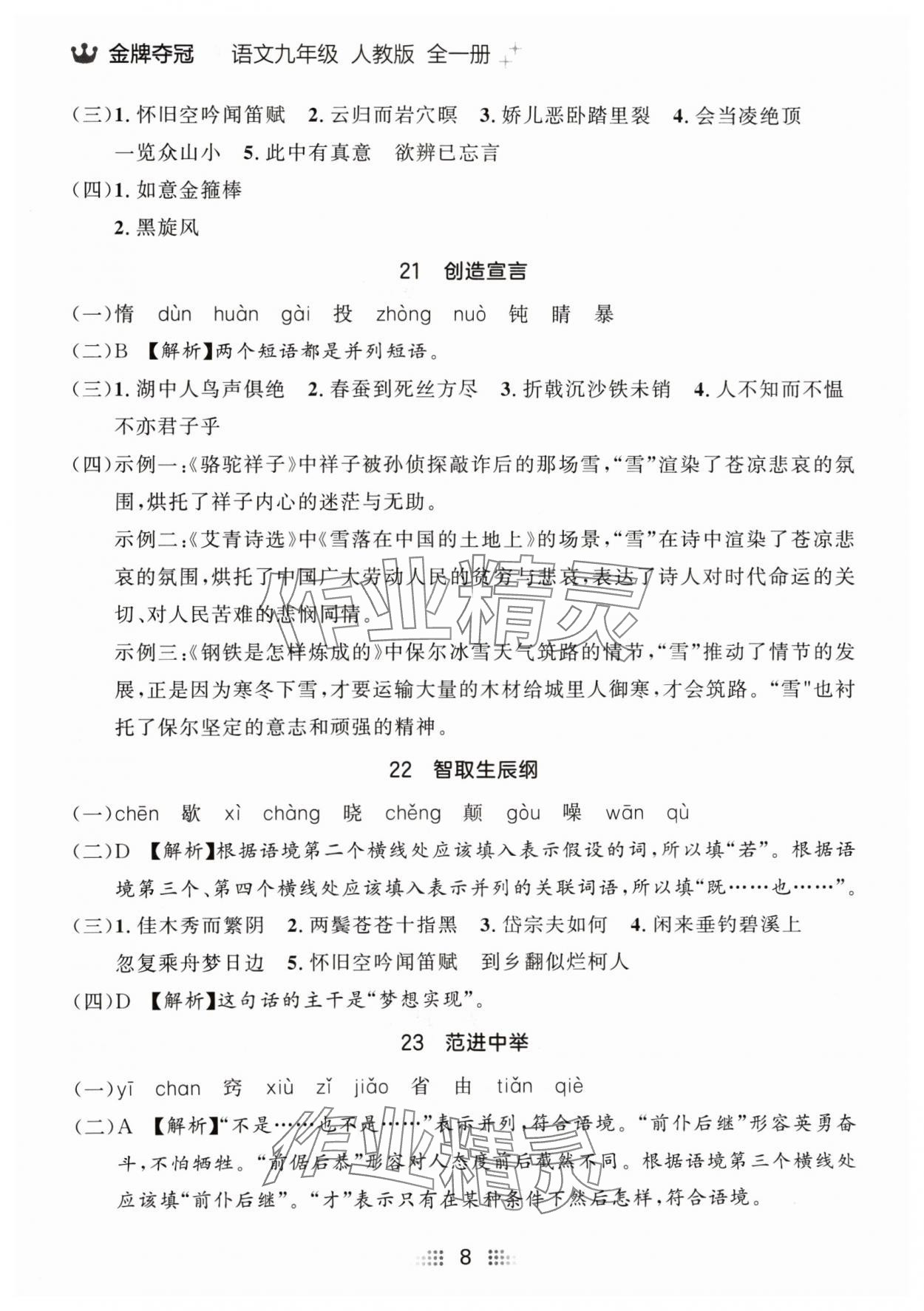 2024年點石成金金牌奪冠九年級語文全一冊人教版遼寧專版 參考答案第8頁