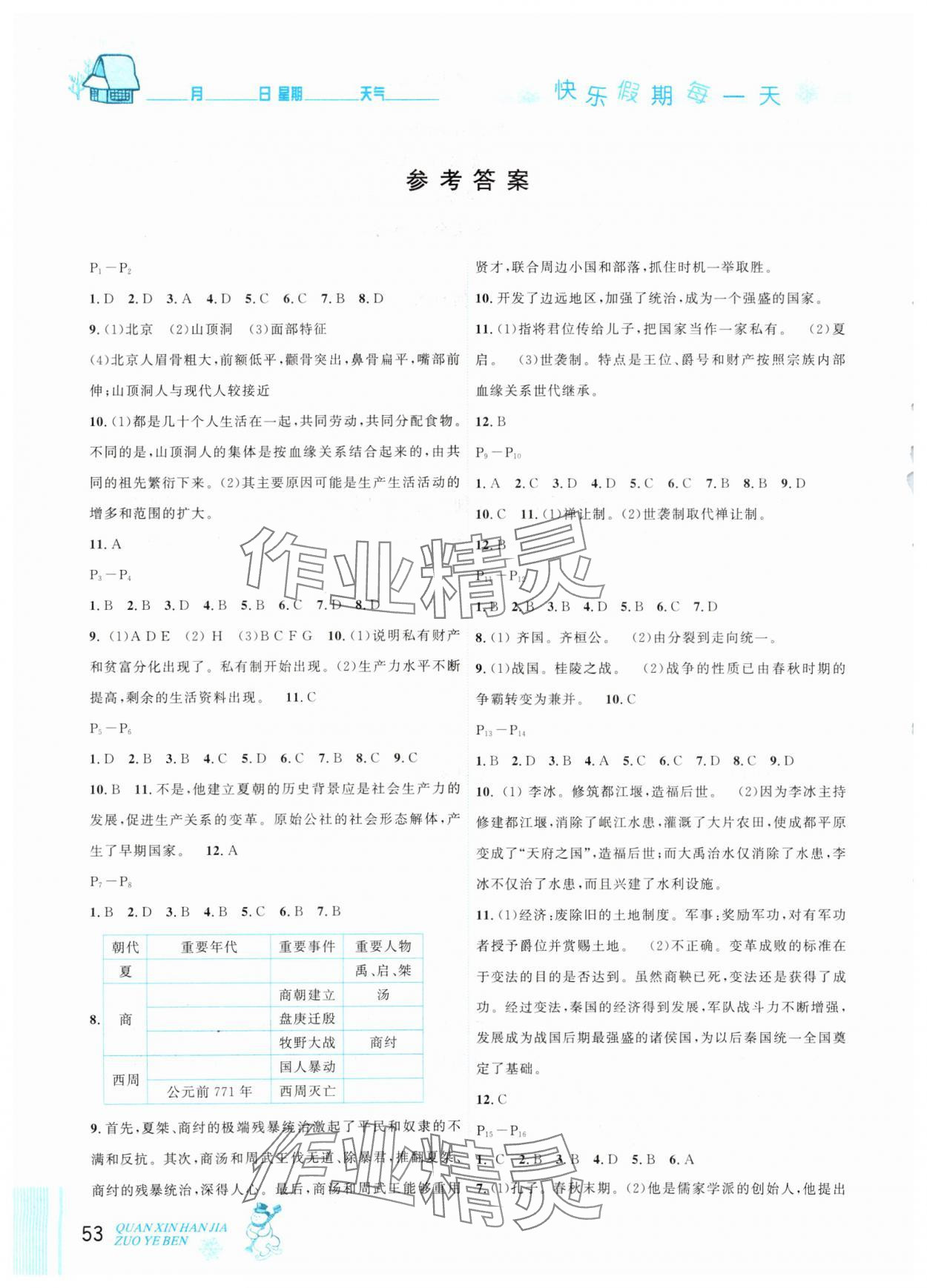 2025年优秀生快乐假期每一天全新寒假作业本七年级历史人教版延边人民出版社 参考答案第1页