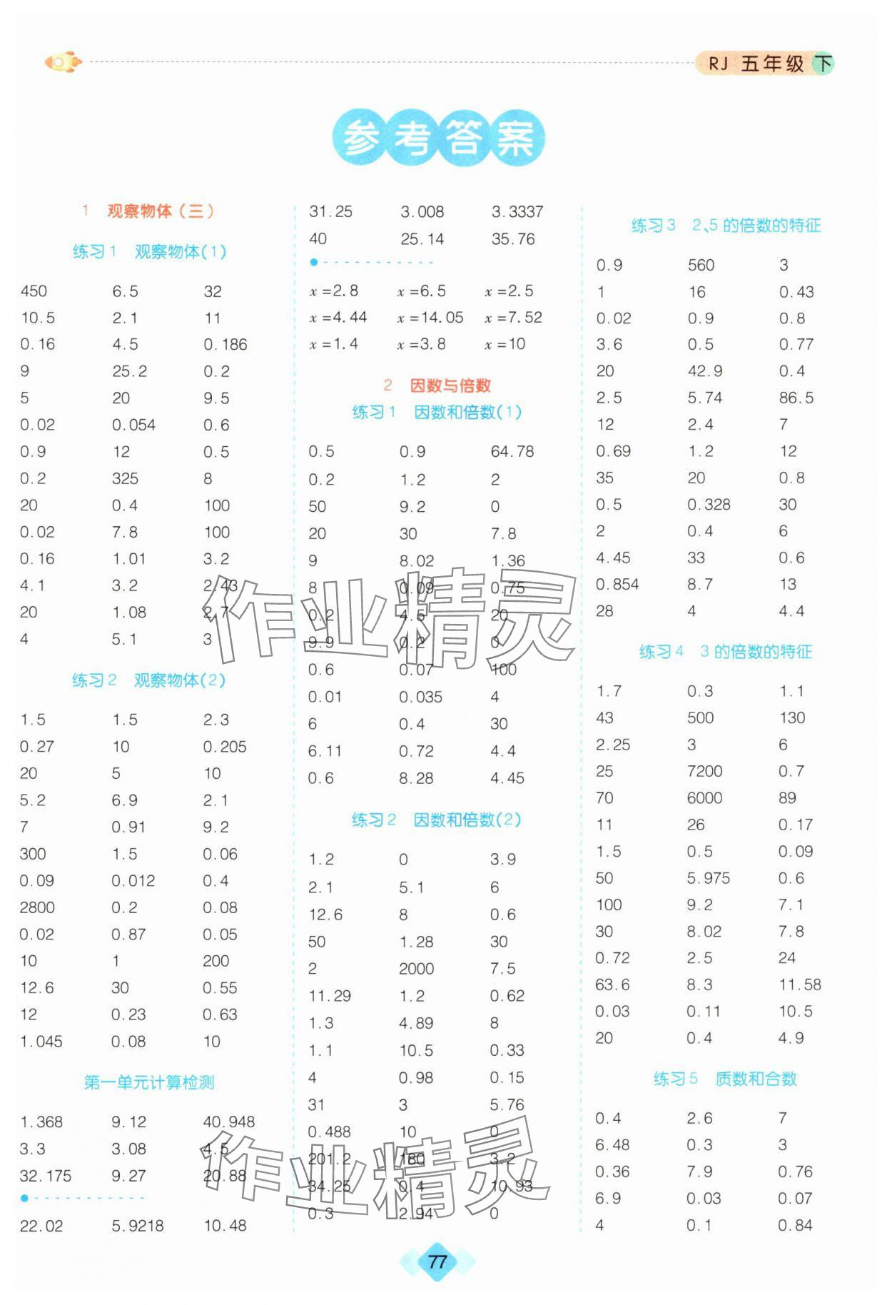 2024年口算题卡五年级数学下册人教版 第1页