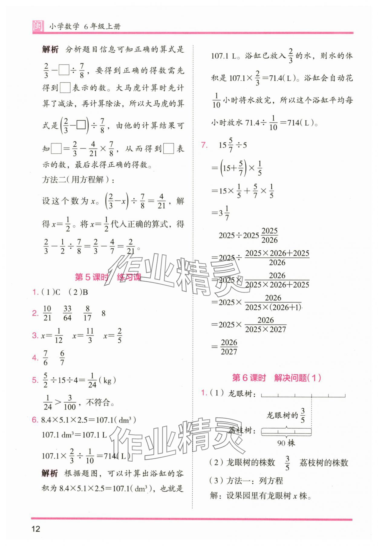 2025年木頭馬分層課課練六年級數學上冊人教版福建專版 參考答案第12頁