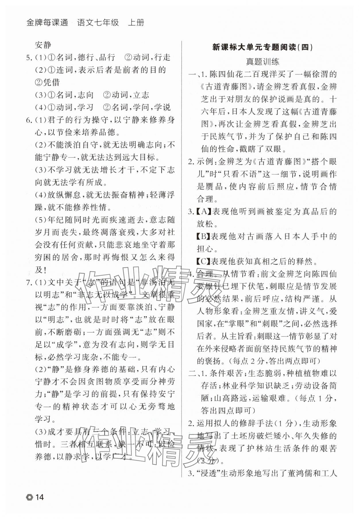 2025年点石成金金牌每课通七年级语文上册人教版辽宁专版 参考答案第14页