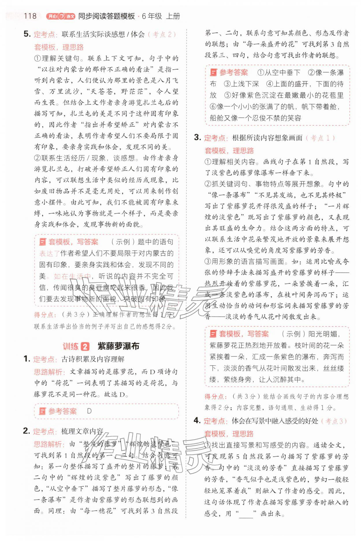 2025年同步阅读答题模板六年级语文上册人教版 参考答案第2页