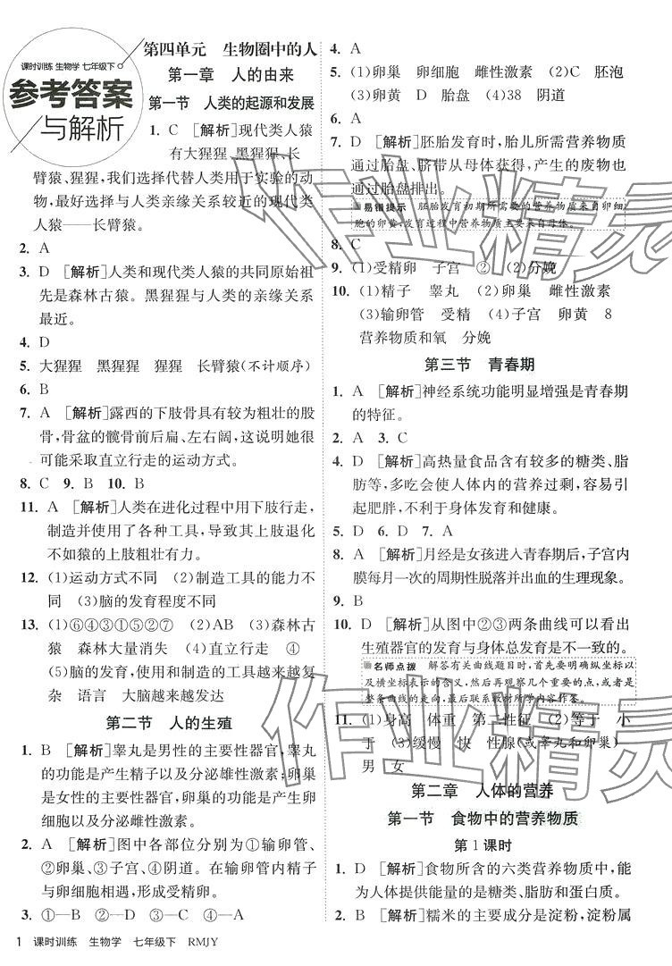 2024年課時(shí)訓(xùn)練江蘇人民出版社七年級生物下冊人教版 第1頁