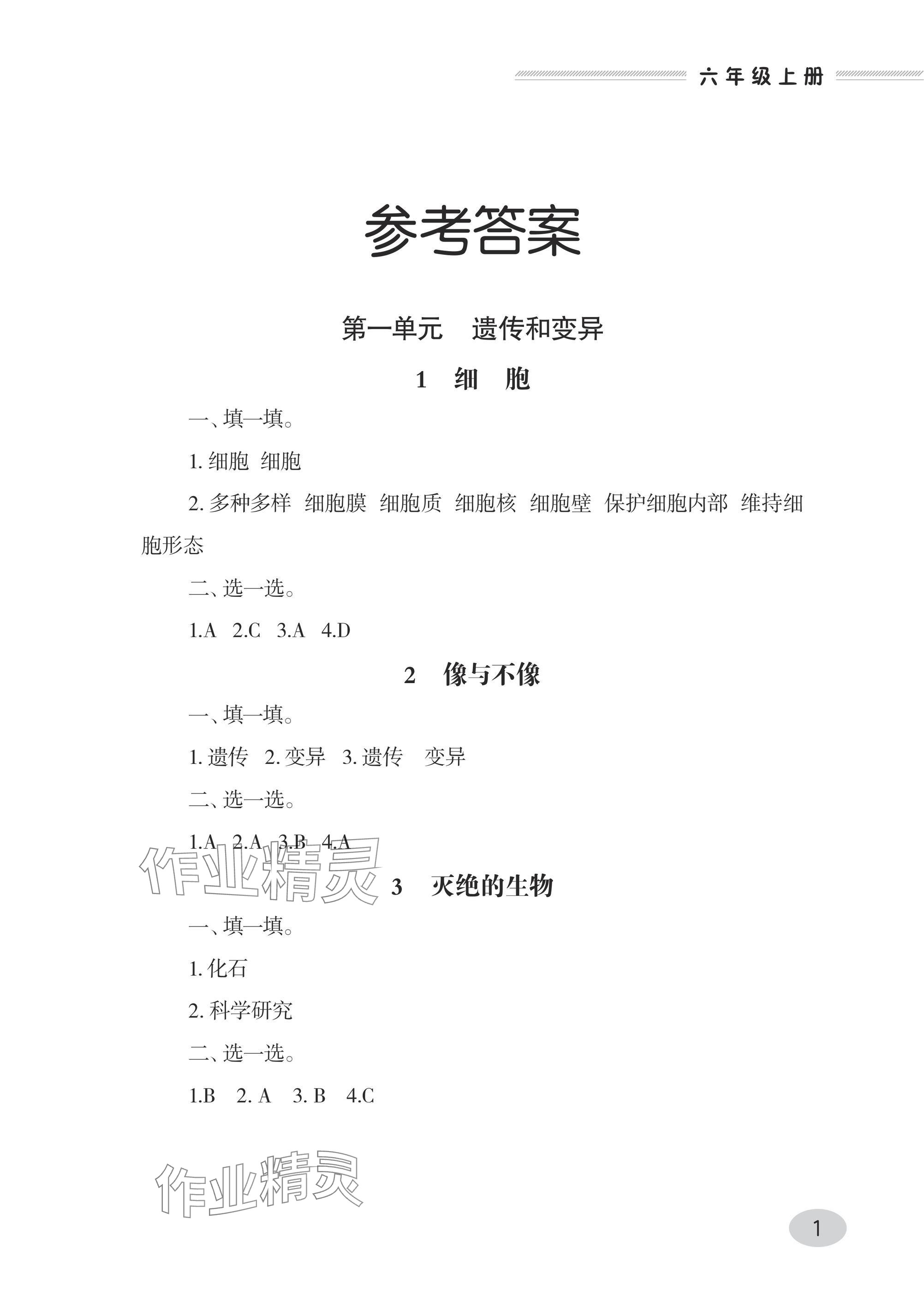 2024年同步练习册青岛出版社六年级科学上册青岛版 参考答案第1页