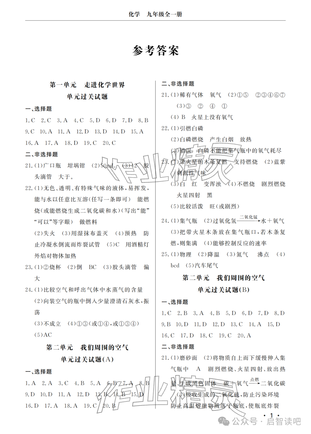 2025年同步练习册分层检测卷九年级化学全一册人教版 参考答案第1页