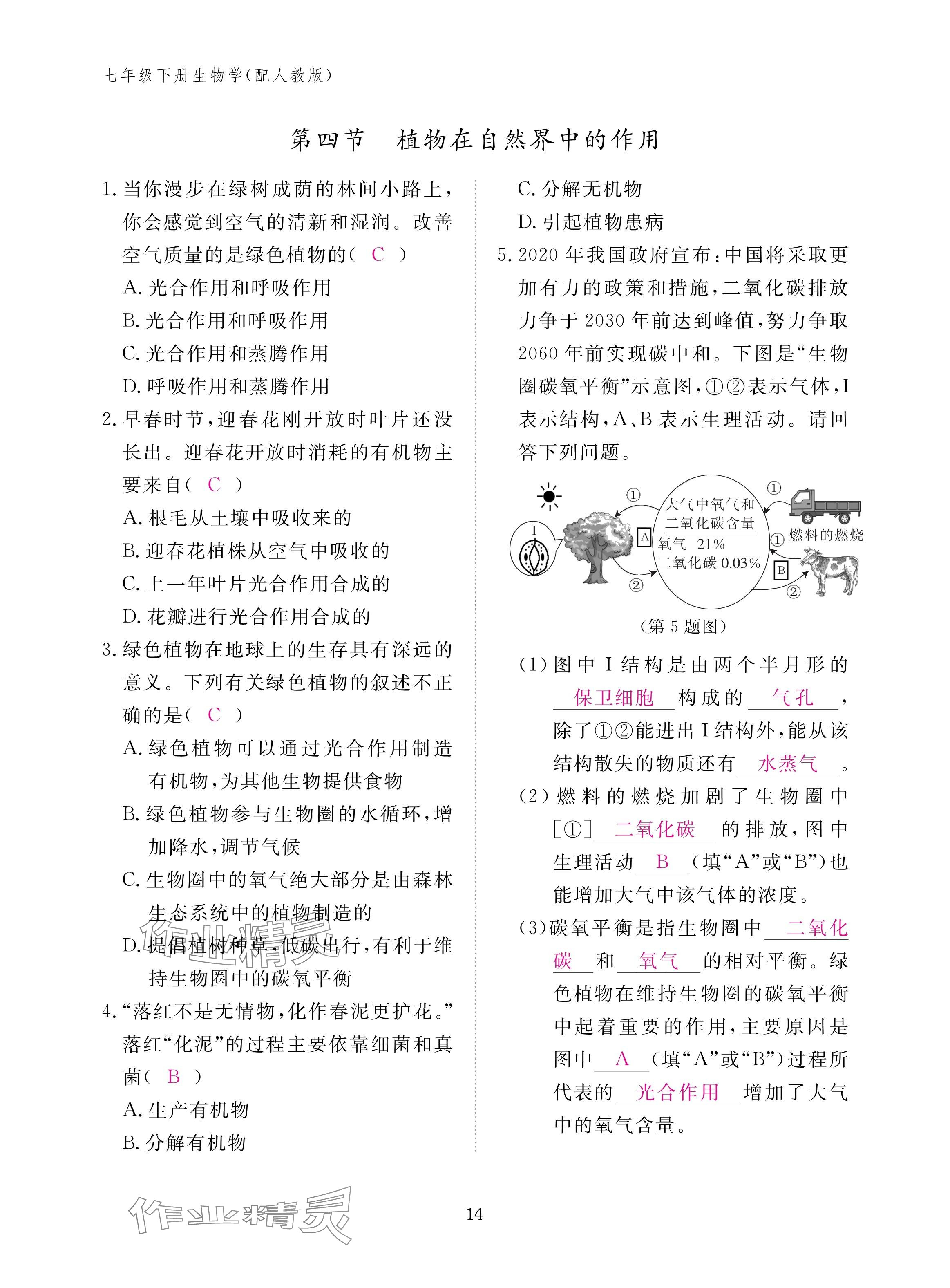 2025年作業(yè)本江西教育出版社七年級生物下冊人教版&nbsp;參考答案第14頁