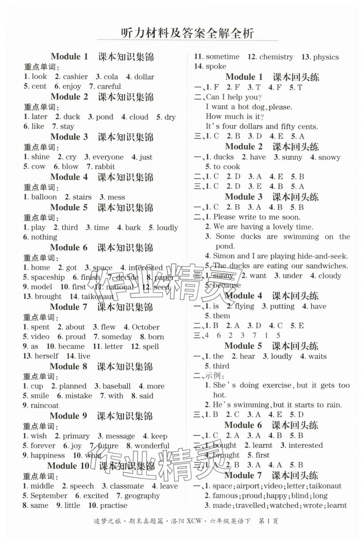 2024年追夢之旅小學(xué)期末真題篇六年級英語下冊外研版洛陽專版 參考答案第1頁