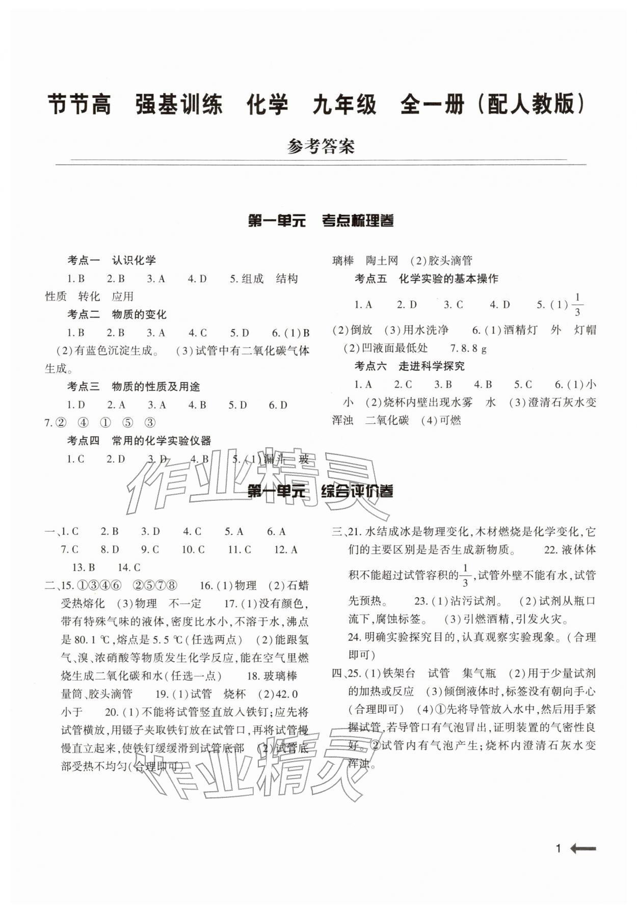 2025年强基训练九年级化学全一册人教版 参考答案第1页