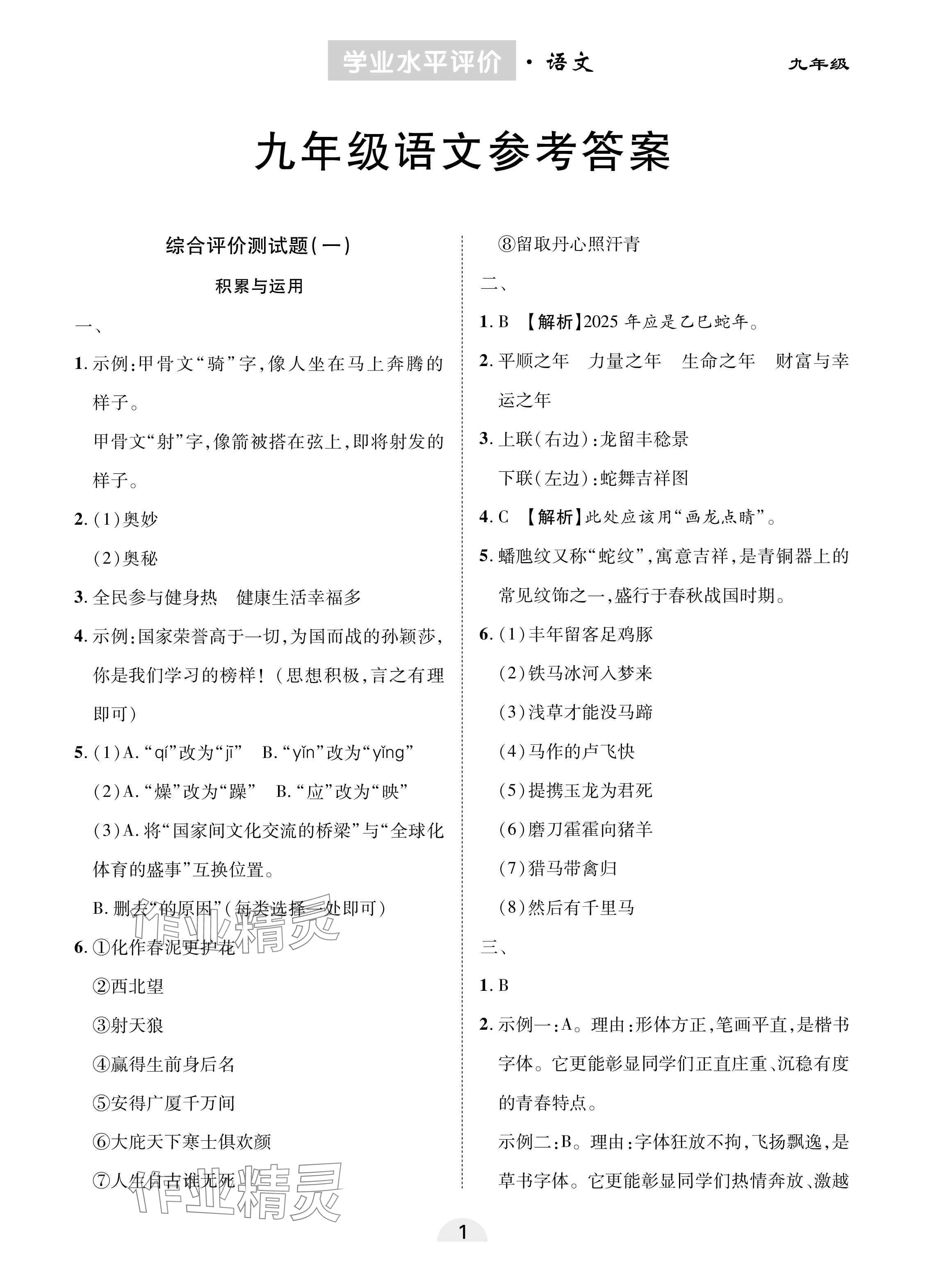 2025年學(xué)業(yè)水平評(píng)價(jià)同步檢測(cè)卷九年級(jí)語(yǔ)文下冊(cè)人教版 參考答案第1頁(yè)