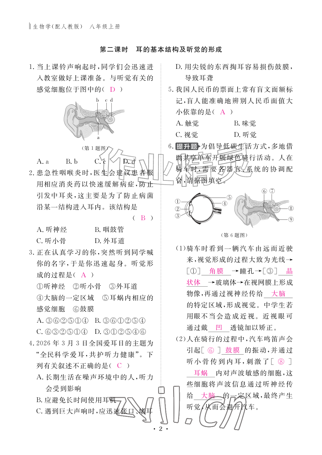 2026年作业本江西教育出版社八年级生物上册人教版&nbsp;参考答案第2页