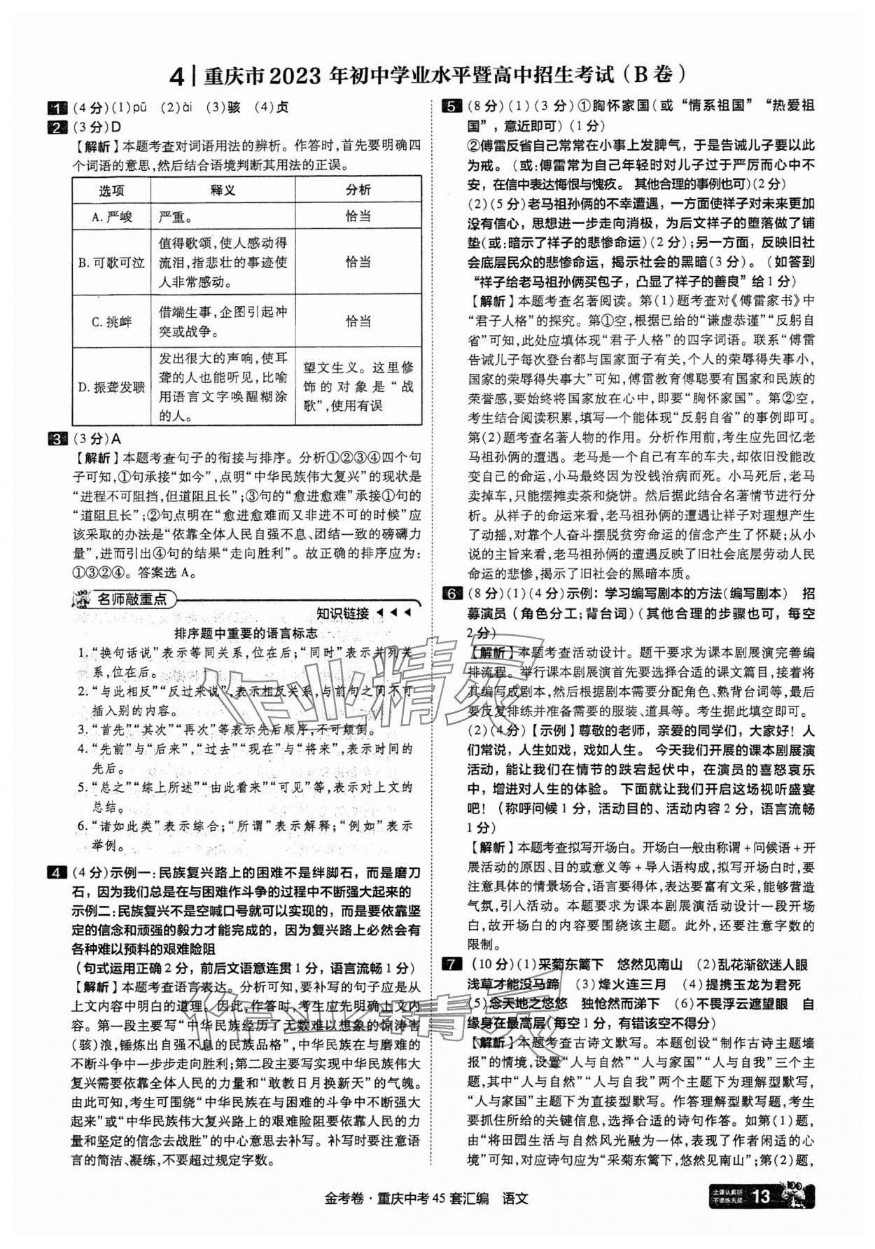 2025年金考卷中考45套匯編語文重慶專版 參考答案第13頁