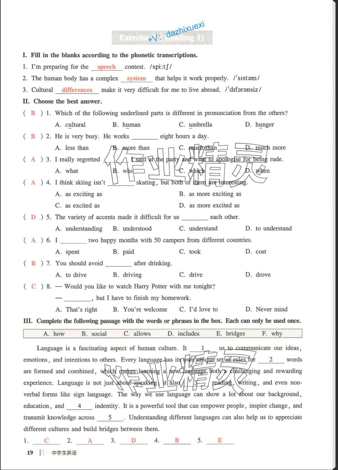 2025年中学生英语同步精练七年级下册沪教版五四制 参考答案第19页