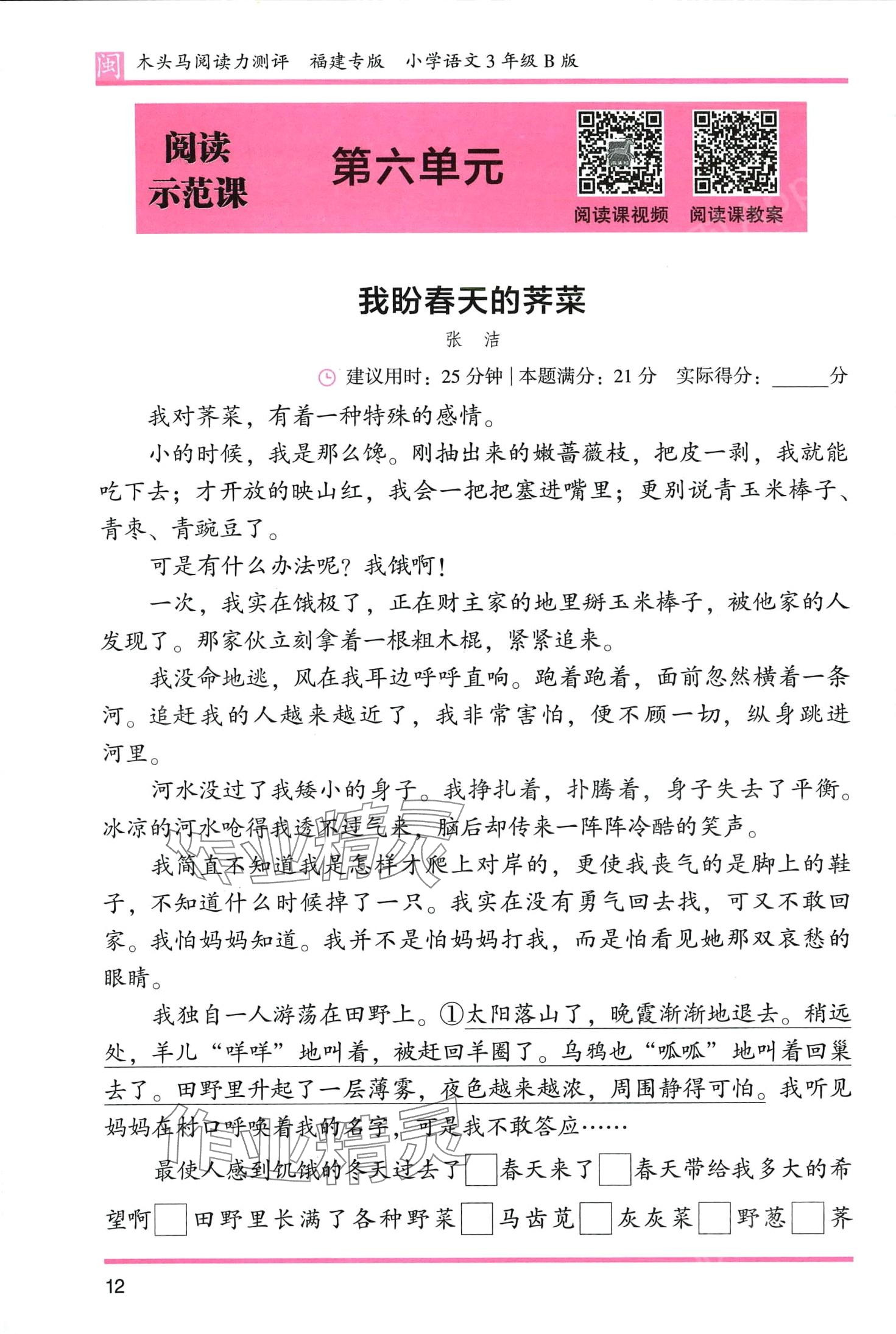 2024年木頭馬閱讀力測評三年級語文人教版發(fā)展篇B版福建專版 第12頁
