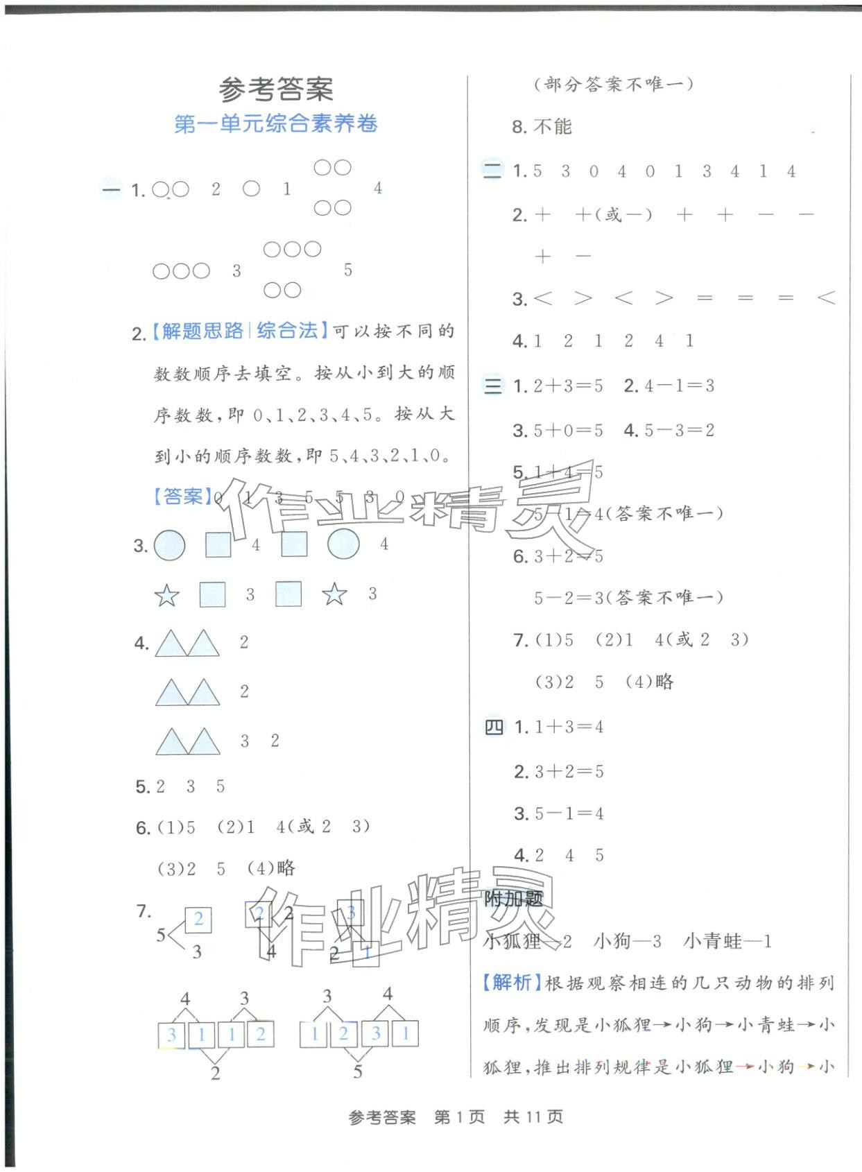 2025年非常好卷一年级数学上册人教版 参考答案第1页