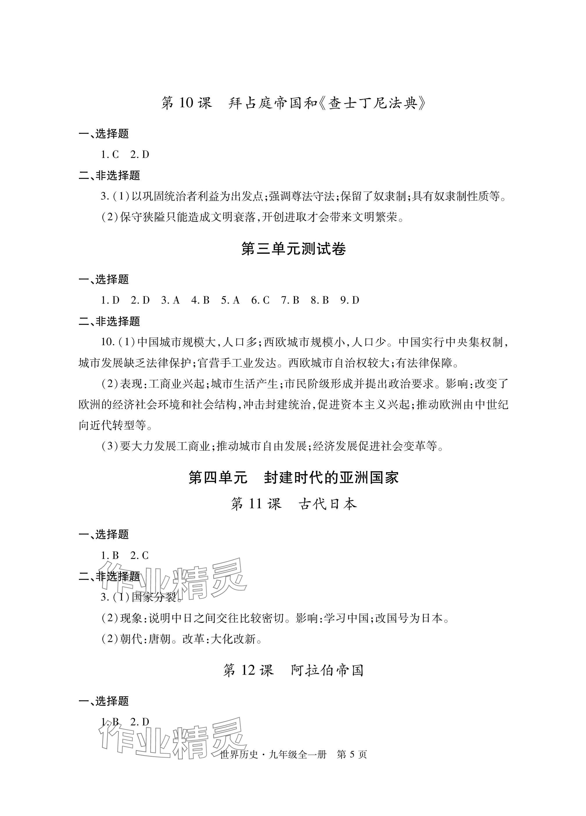 2025年自主学习指导课程与测试九年级历史全一册人教版&nbsp;参考答案第5页