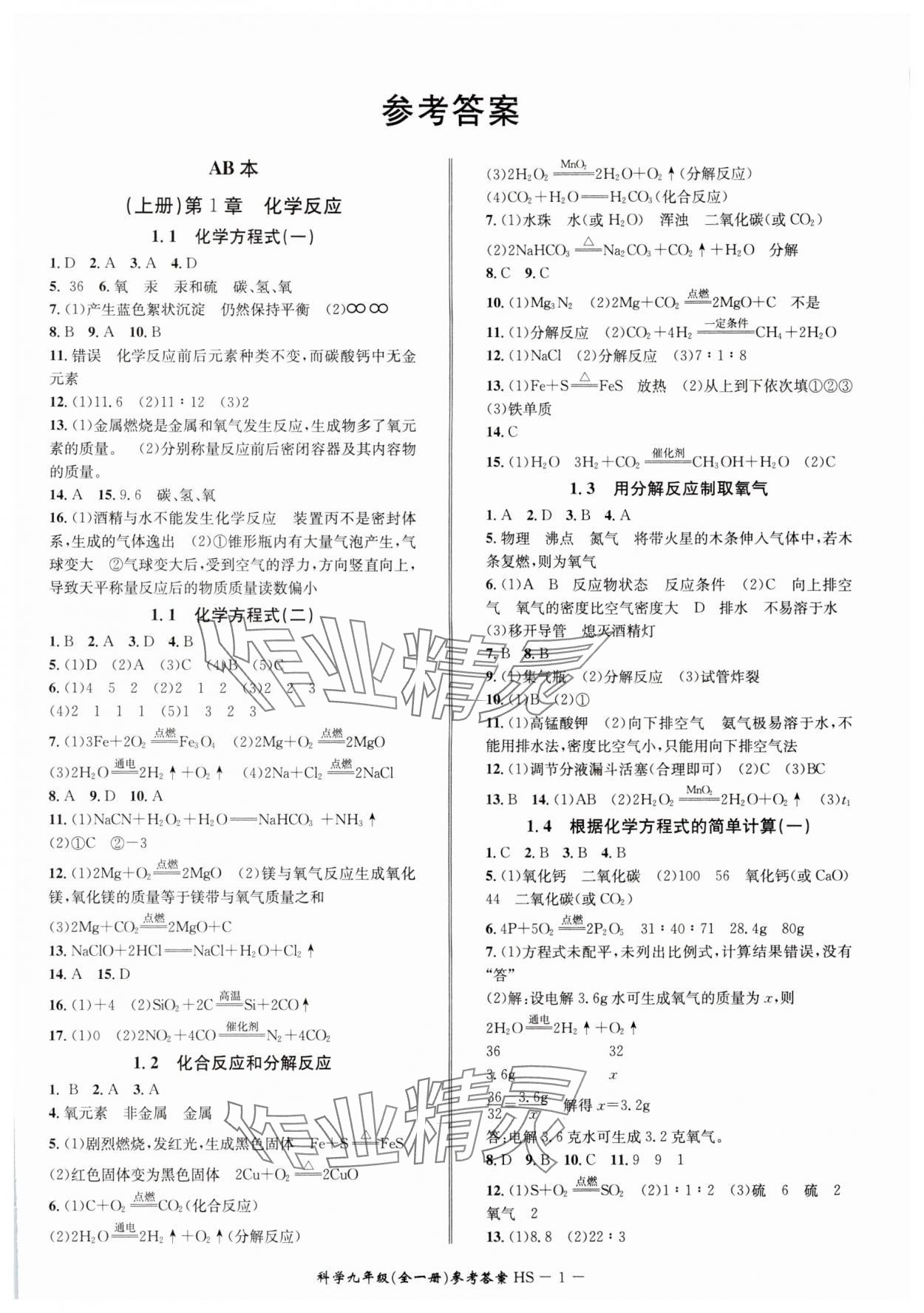 2024年名師金典BFB初中課時優(yōu)化九年級科學A本全一冊華師大版寧波專版 參考答案第1頁