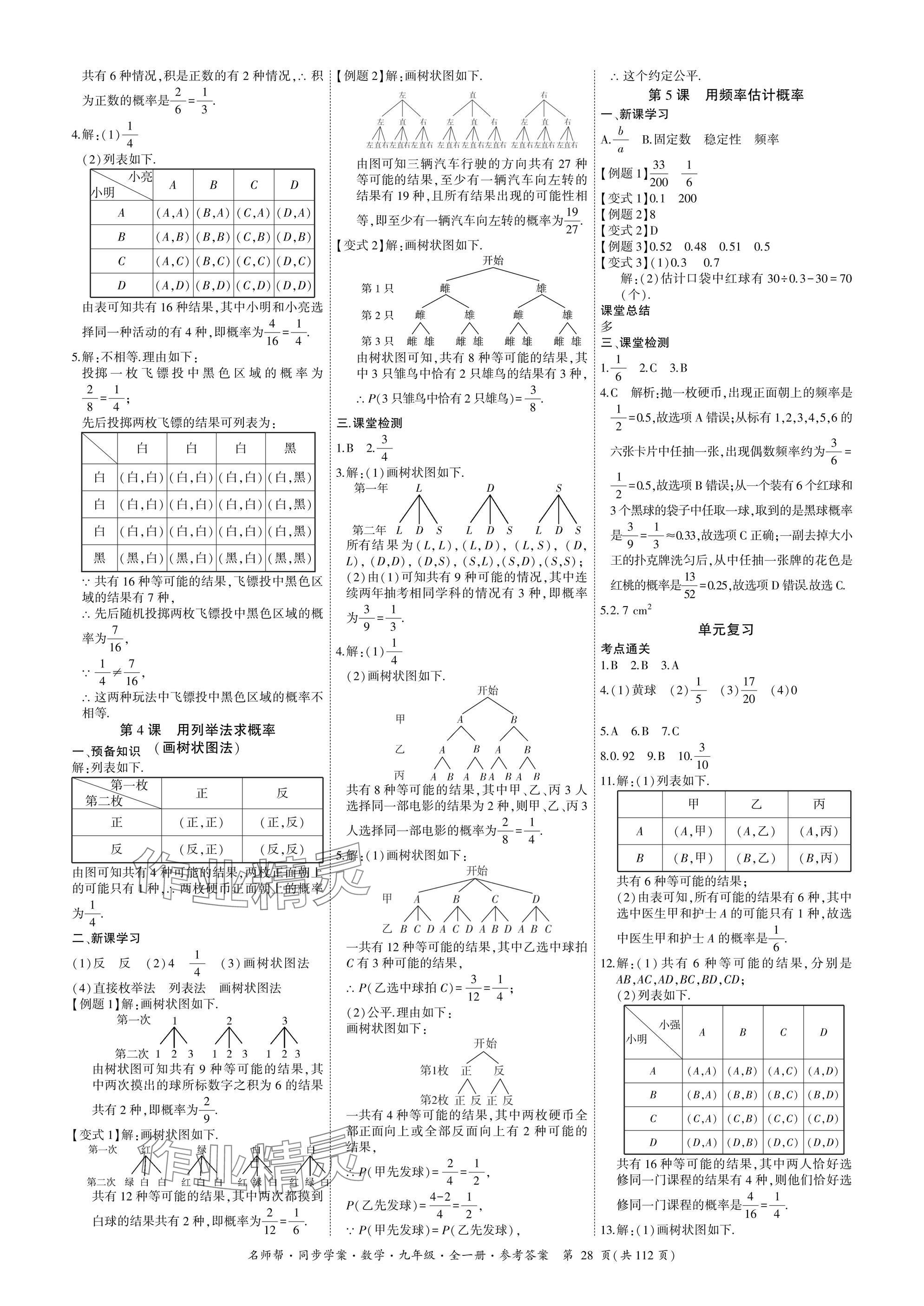 2025年名師幫同步學案九年級數學全一冊人教版 參考答案第28頁