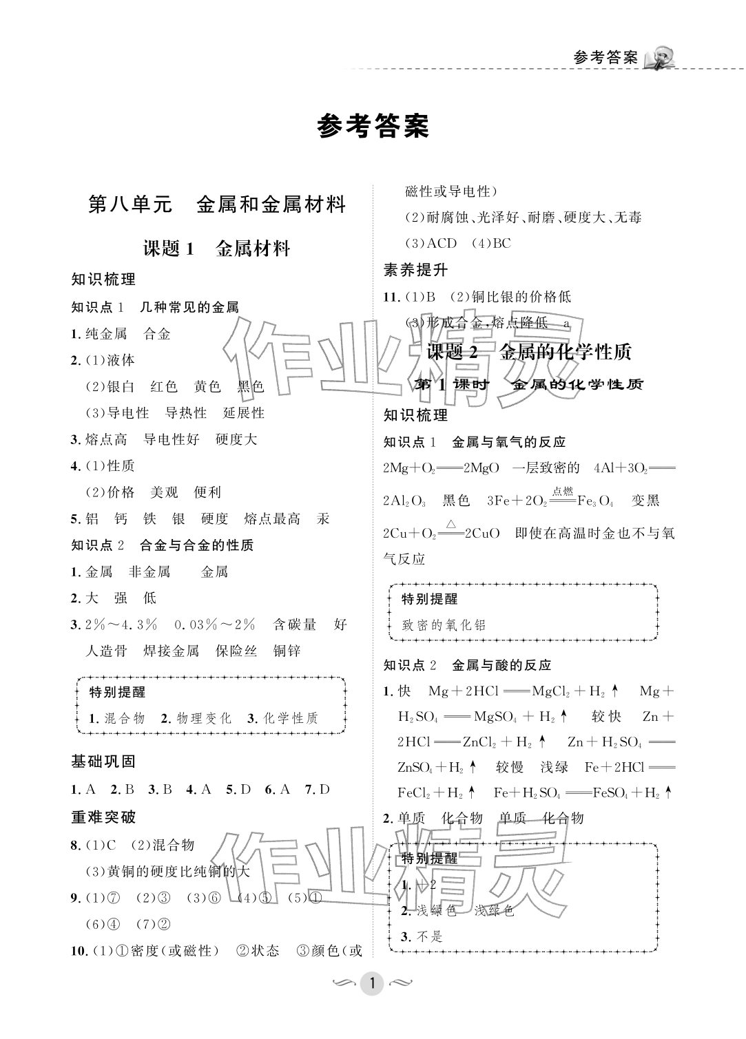 2026年配套综合练习甘肃九年级化学下册人教版&nbsp;参考答案第1页