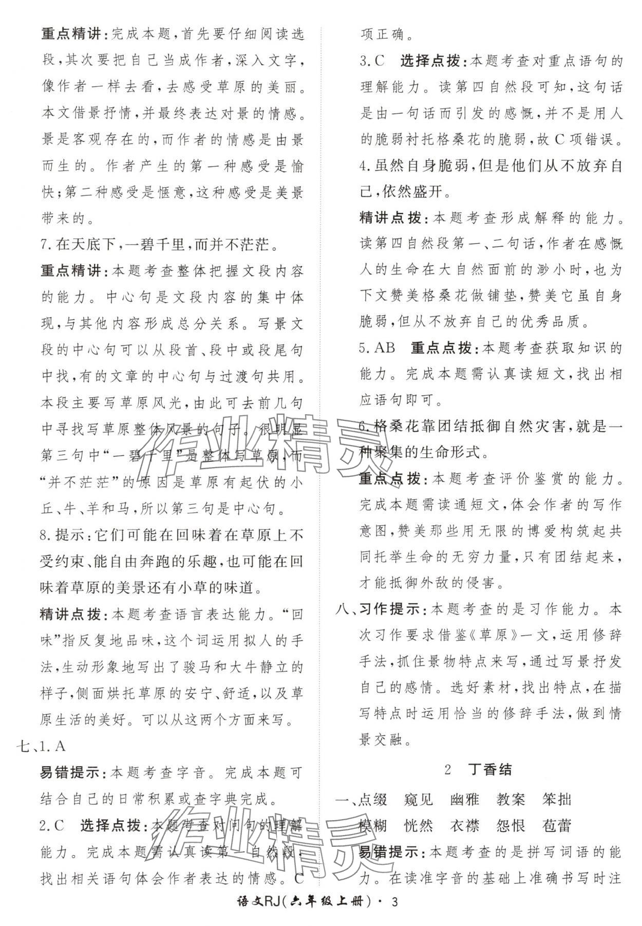 2024年黃岡360定制課時(shí)六年級(jí)語文上冊人教版 參考答案第3頁