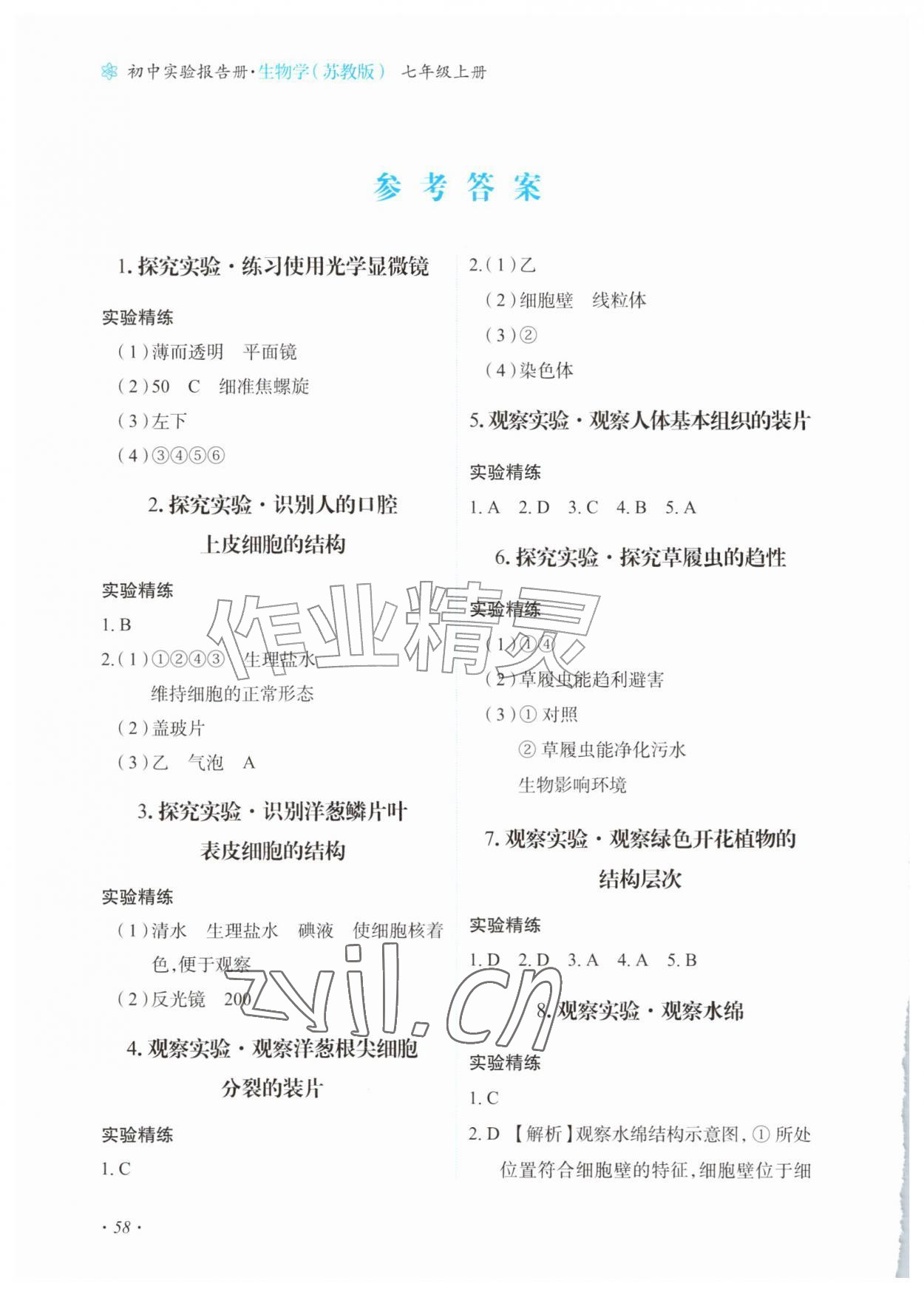 2026年实验报告册甘肃教育出版社七年级生物上册苏教版&nbsp;参考答案第1页