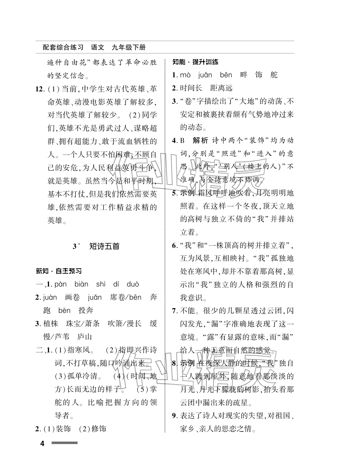 2026年配套综合练习甘肃九年级语文下册人教版&nbsp;参考答案第4页