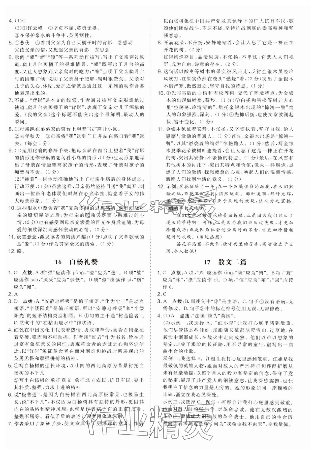 2025年点拨训练八年级语文上册人教版辽宁专版 参考答案第7页
