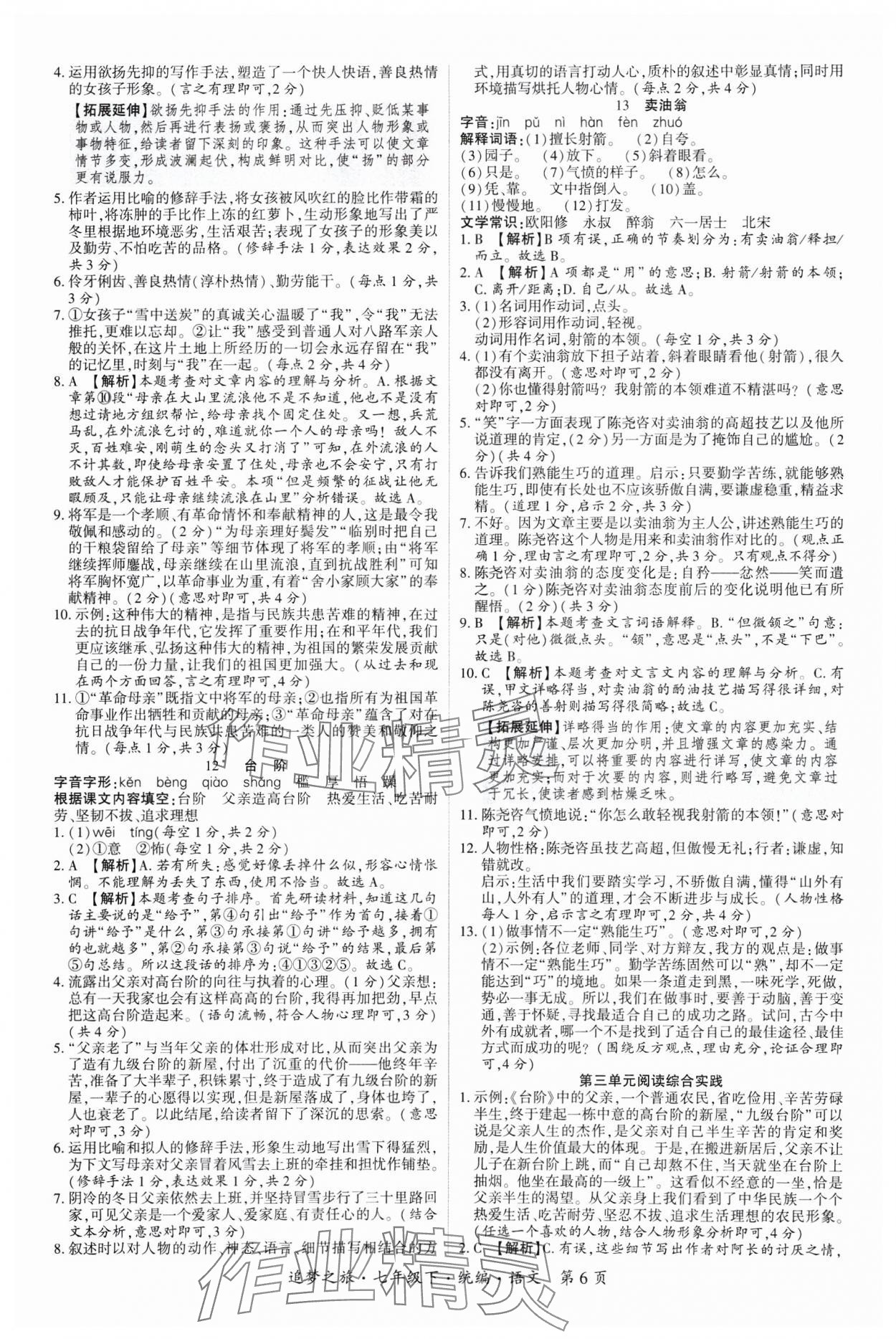 2025年追夢之旅大先生七年級語文下冊人教版河南專版 參考答案第6頁