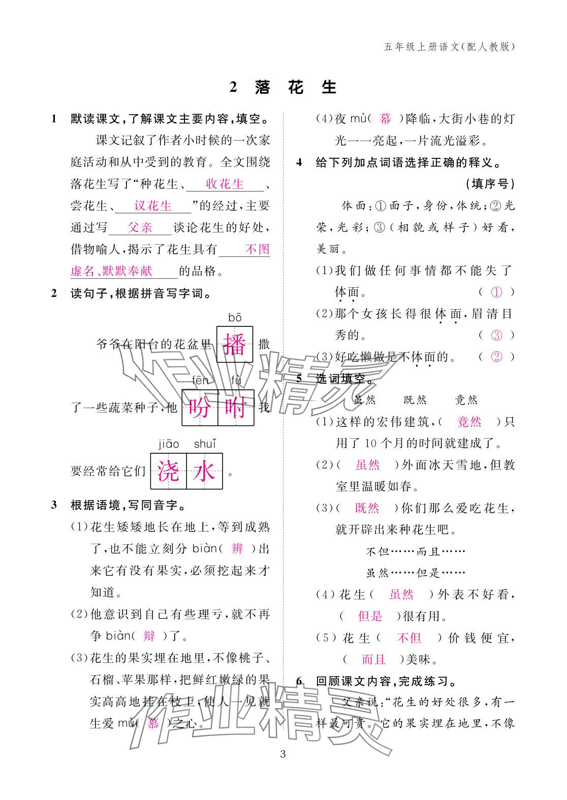 2025年作业本江西教育出版社五年级语文上册人教版 参考答案第3页