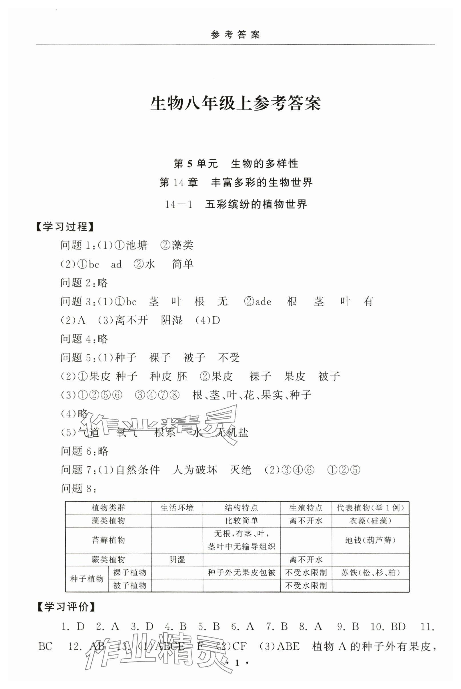 2024年初中學練案八年級生物上冊蘇教版 參考答案第1頁