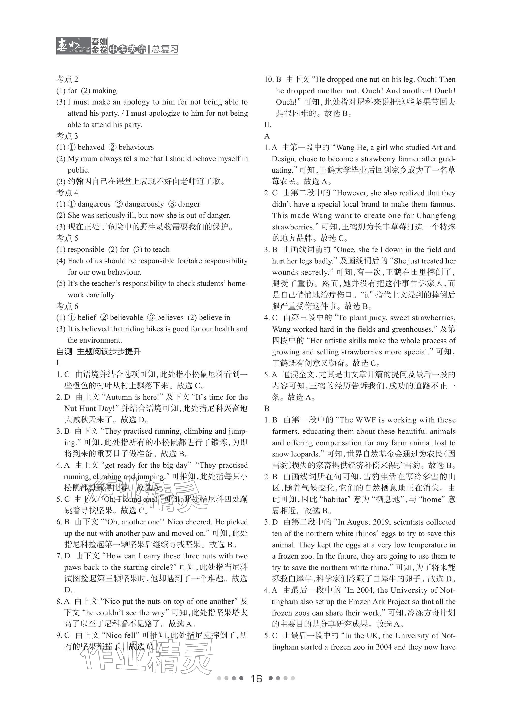 2026年春如金卷中考英语总复习沪教版&nbsp;参考答案第16页
