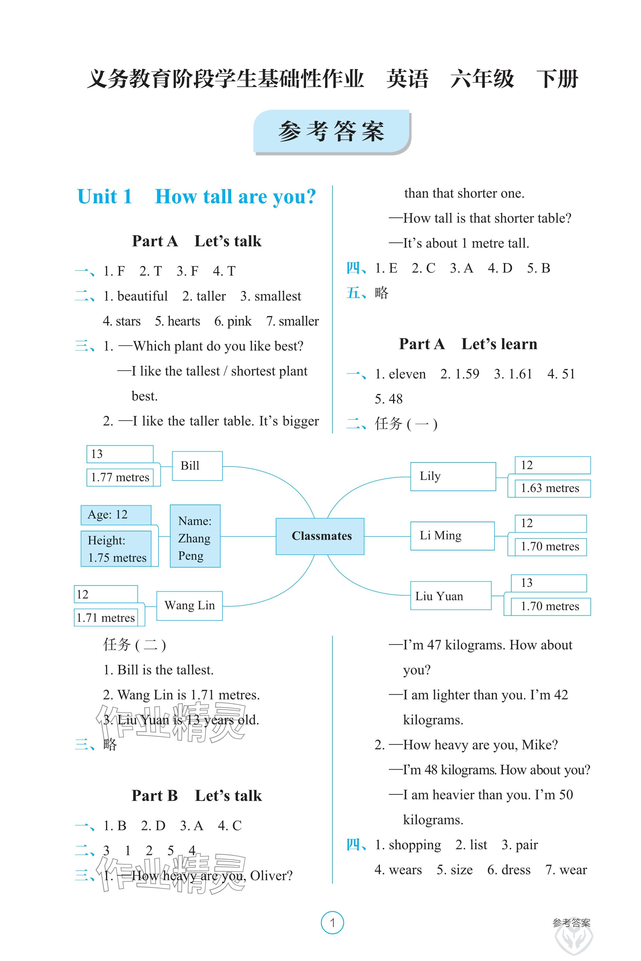 2025年學(xué)生基礎(chǔ)性作業(yè)六年級英語下冊人教版 參考答案第1頁