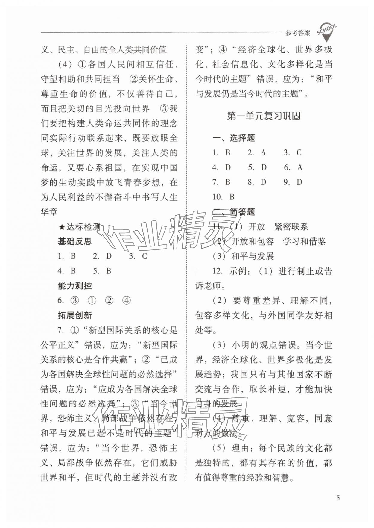 2024年新課程問題解決導學方案九年級道德與法治下冊人教版 參考答案第5頁