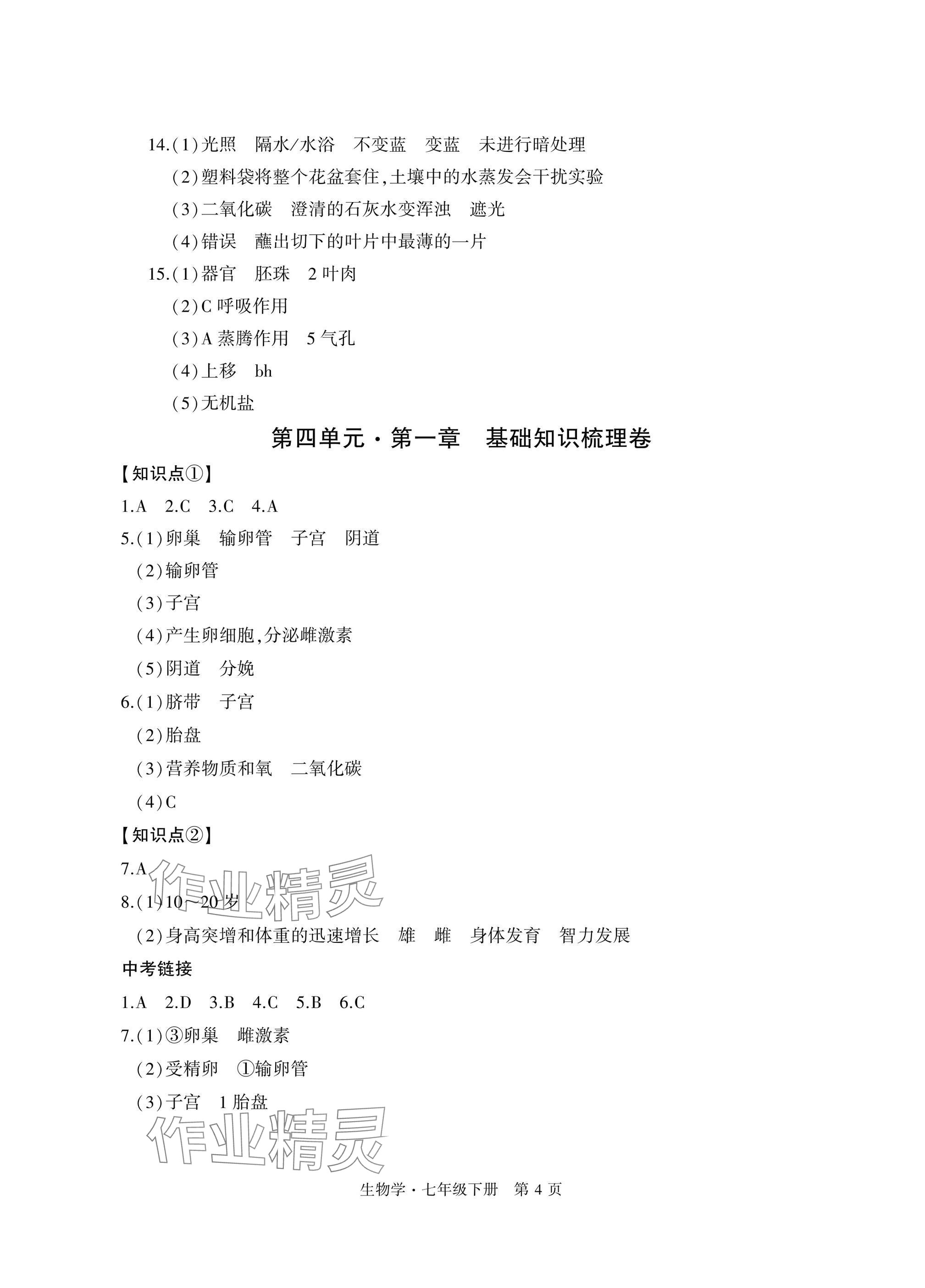 2025年初中同步練習冊自主測試卷七年級生物下冊人教版 參考答案第4頁