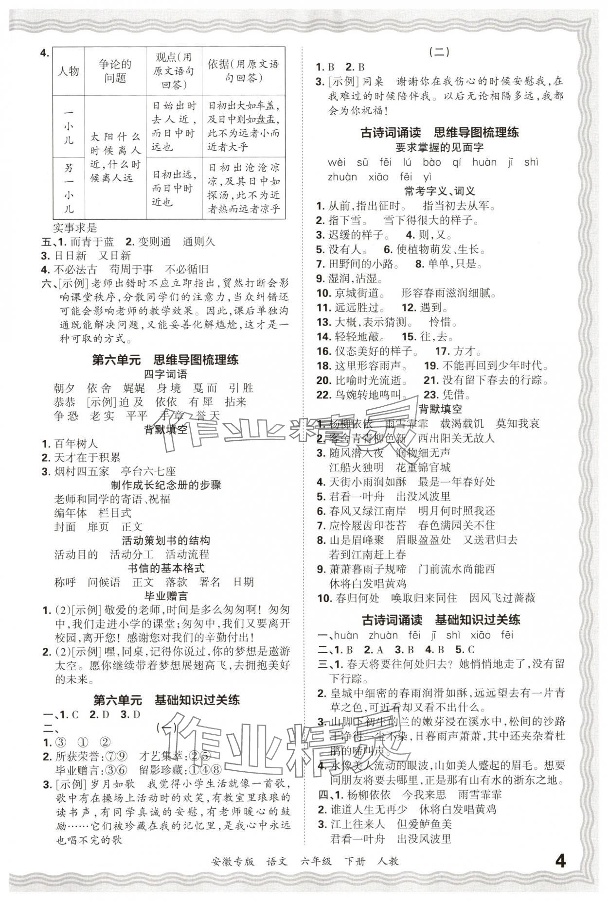 2025年王朝霞期末试卷研究六年级语文下册人教版安徽专版 参考答案第4页