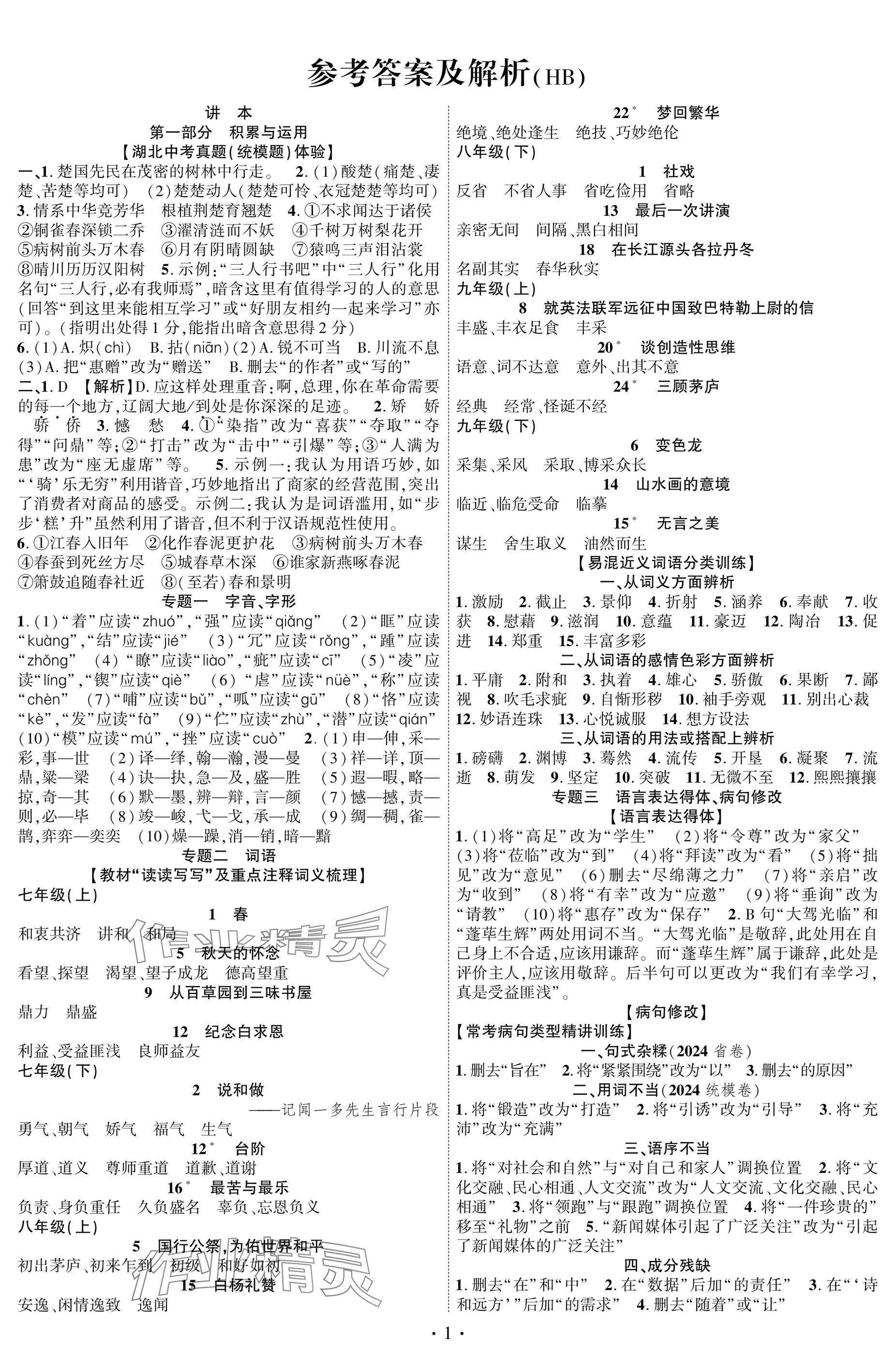 2025年智聯(lián)中考語文湖北專版 參考答案第1頁