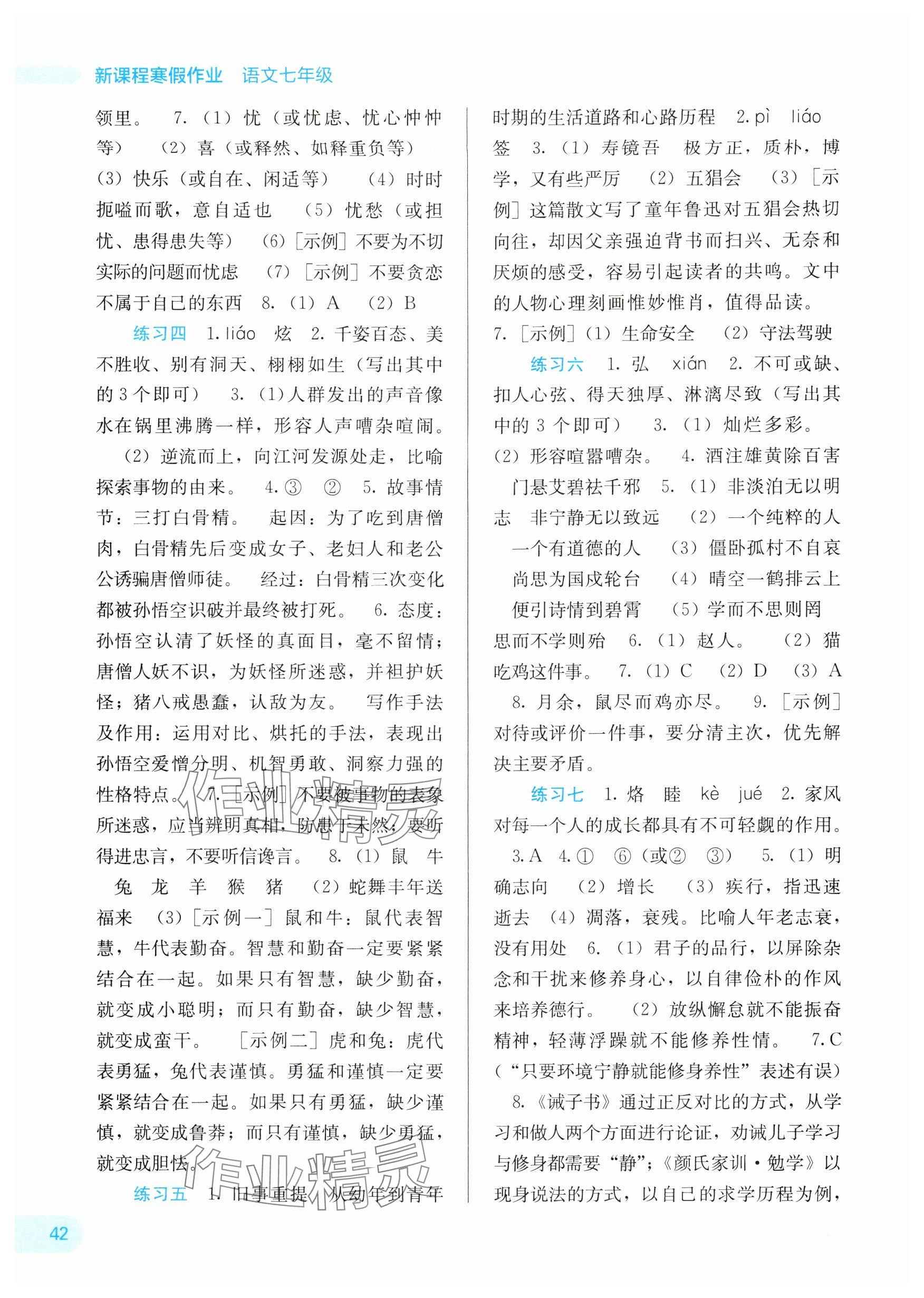 2025年新课程寒假作业广西师范大学出版社七年级语文人教版 参考答案第2页