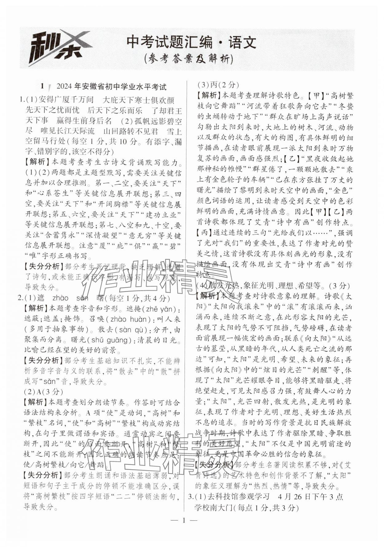 2025年秒殺中考語文安徽專版 參考答案第1頁