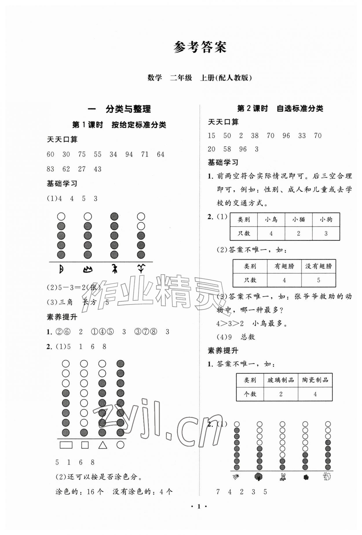 2026年同步练习册分层指导二年级数学上册人教版&nbsp;参考答案第1页