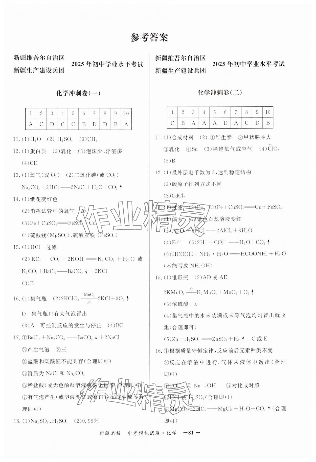 2025年新疆名校中考模擬試卷化學 參考答案第1頁