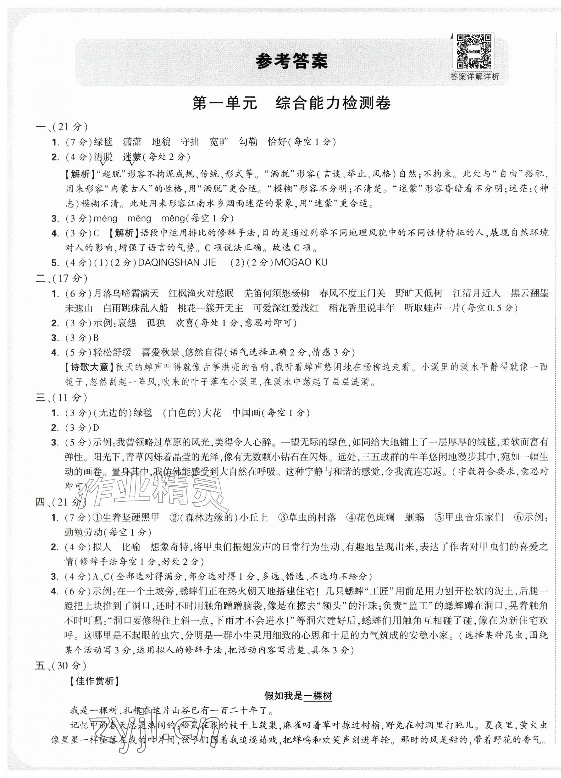 2026年小白鸥情境卷六年级语文上册人教版&nbsp;参考答案第1页
