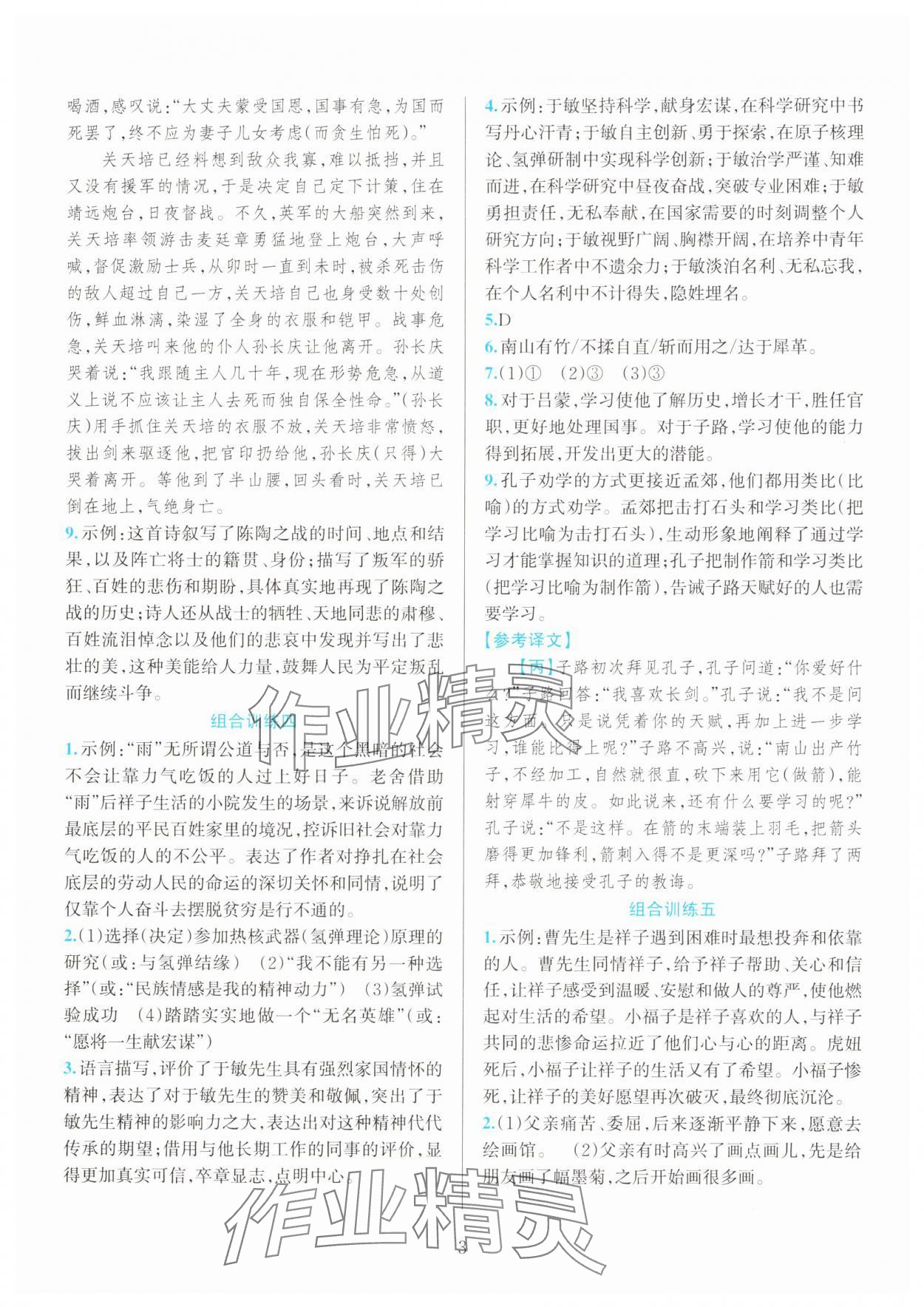 2025年全優(yōu)方案組合訓(xùn)練七年級(jí)語文下冊(cè)人教版 參考答案第3頁