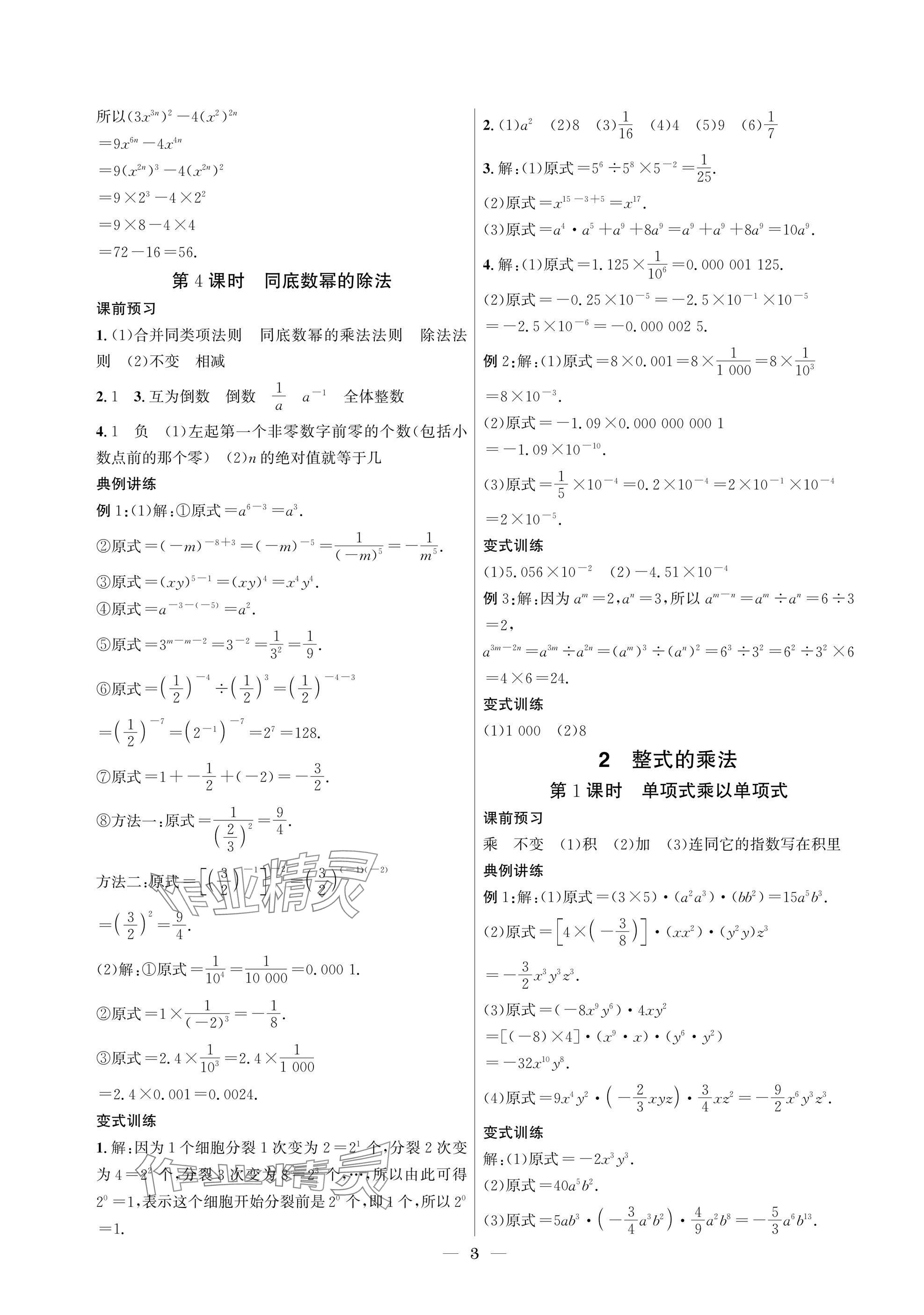 2025年中輔一號課內達標同步學案七年級數學下冊北師大版 參考答案第3頁